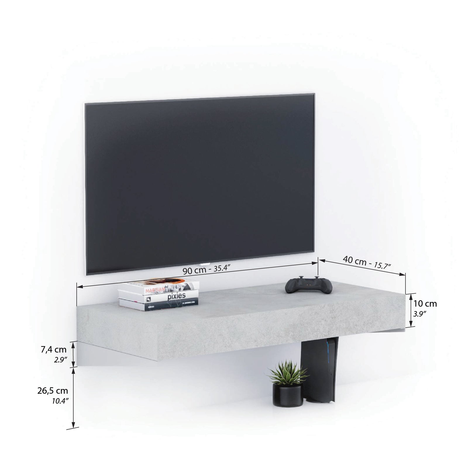 Porta Tv sospeso Evolution 90x40, Grigio Cemento - Immagine tecnica 1