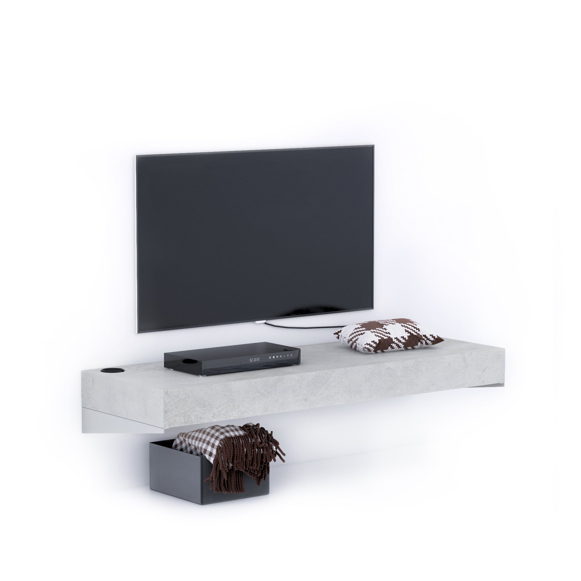 Tv Wandregal Evolution 120 x 40 mit kabellosem Ladegerät, grauer Beton - Main image