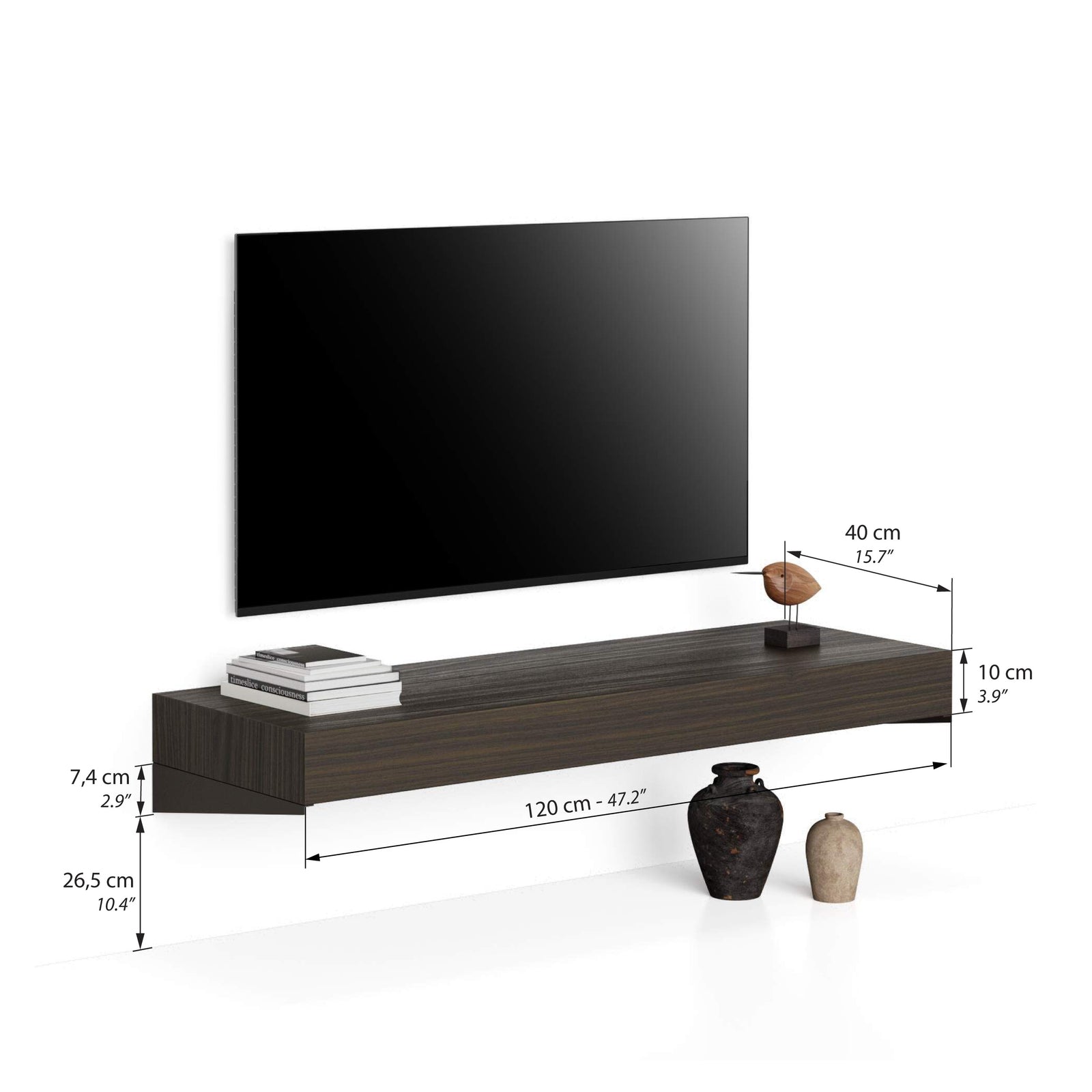 Porta Tv sospeso Evolution 120x40, Noce Scuro - Immagine tecnica 1