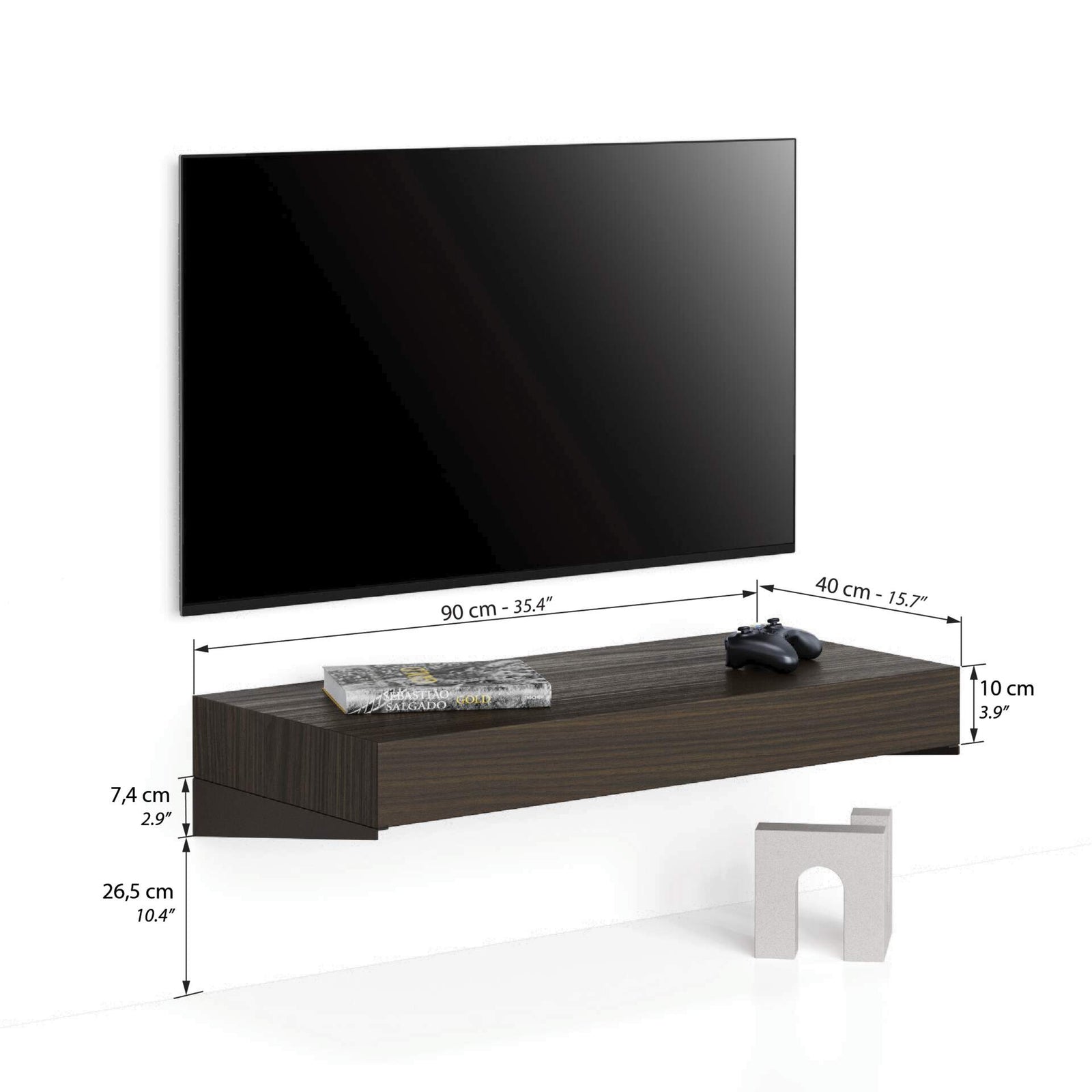 Floating tv stand Evolution 35.4 x 15.7 in, Dark Walnut - Immagine tecnica 1