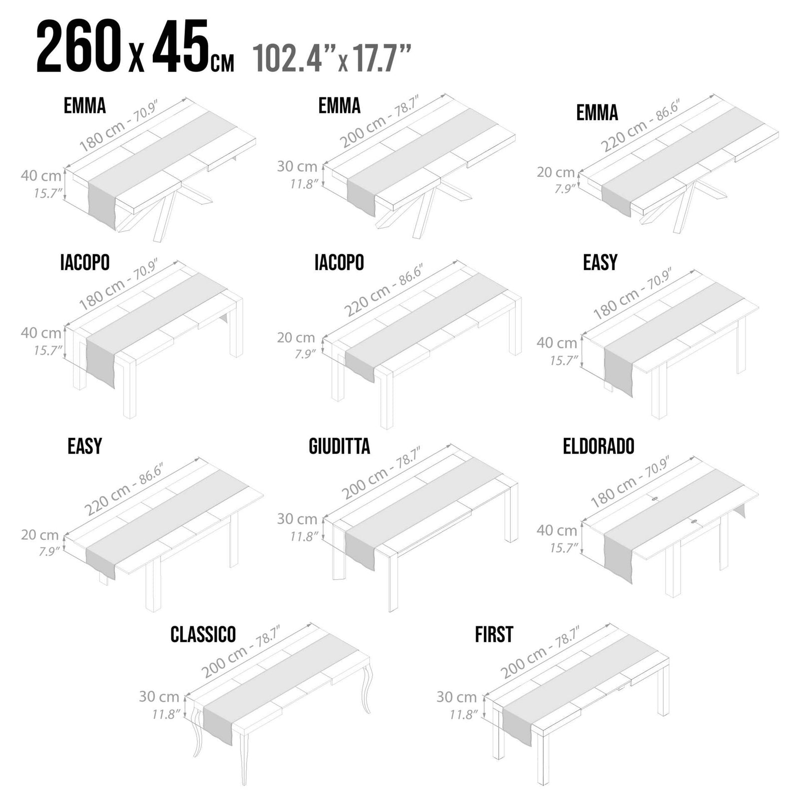 Runner da Tavola Gioele in cotone 45x260, Nero - Immagine tecnica 1