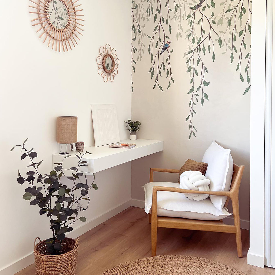 Scrivania sospesa a muro Evolution 120x40, Bianco Frassino con Caricatore Wireless - Immagine ambientata 1