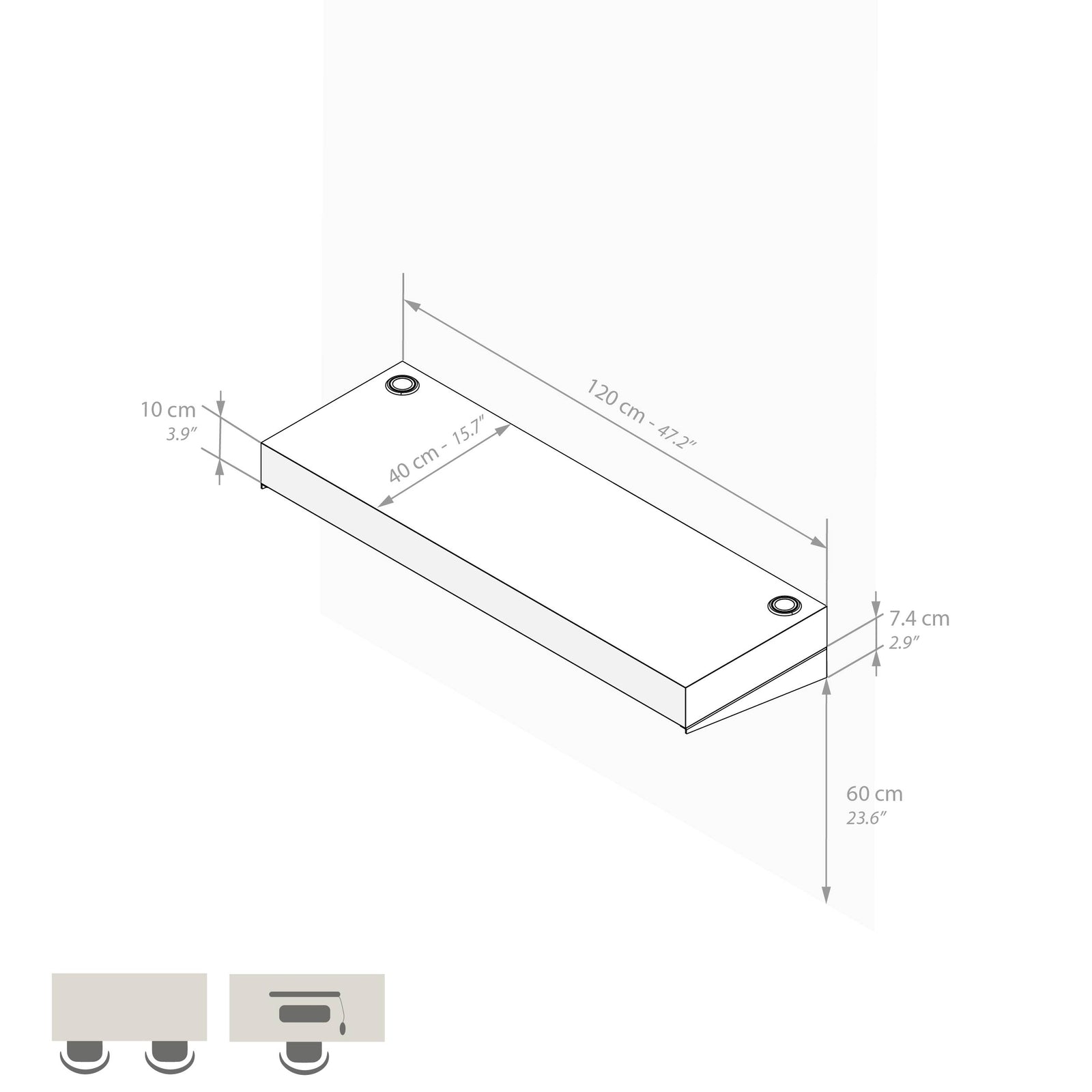 Escritorio de pared Evolution 120x40, Madera Rustica, con cargador inalámbrico - Immagine tecnica 1