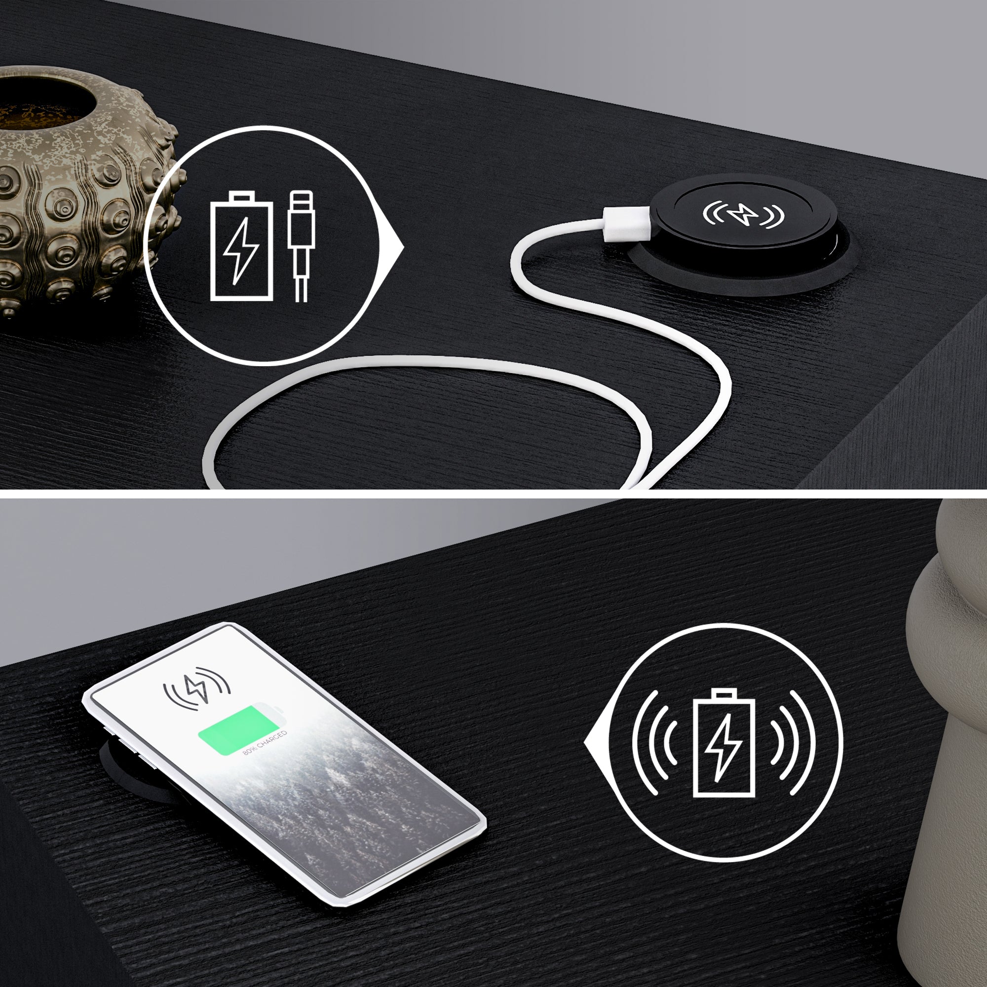 Escritorio de pared Evolution 180x40, Madera Negra, con cargador inalámbrico