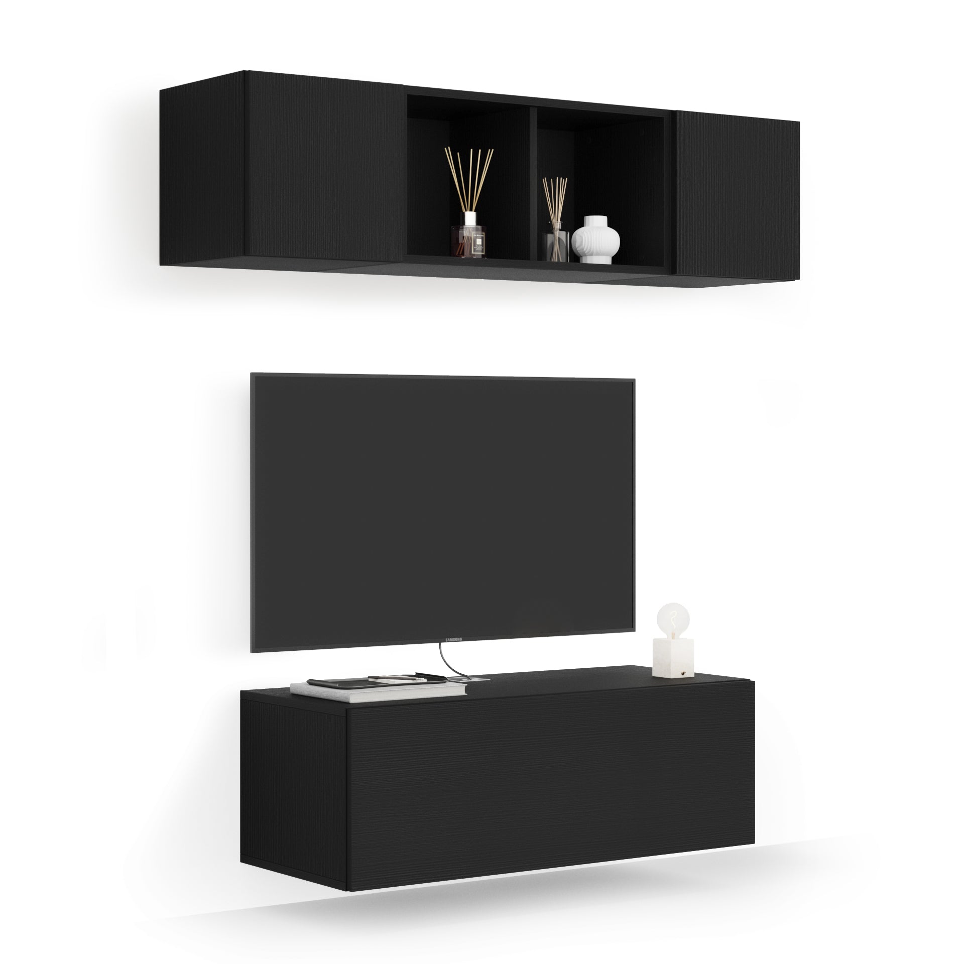 Composición de pared Easy para salón 2, color madera negra, 142x44x160 cm - Main image