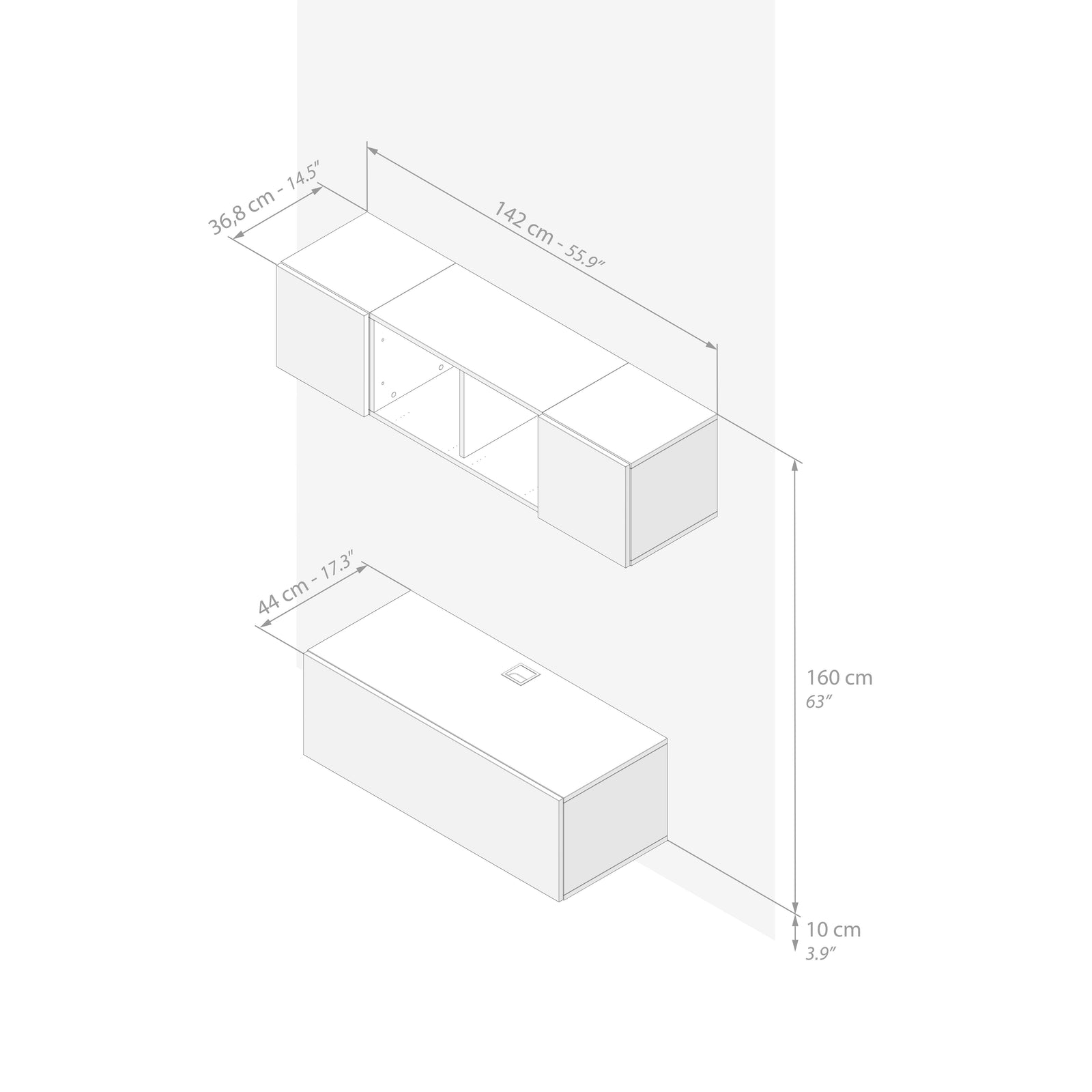 Wohnzimmerwand Easy 2, Eiche, 142x44x160 cm - Immagine tecnica 1