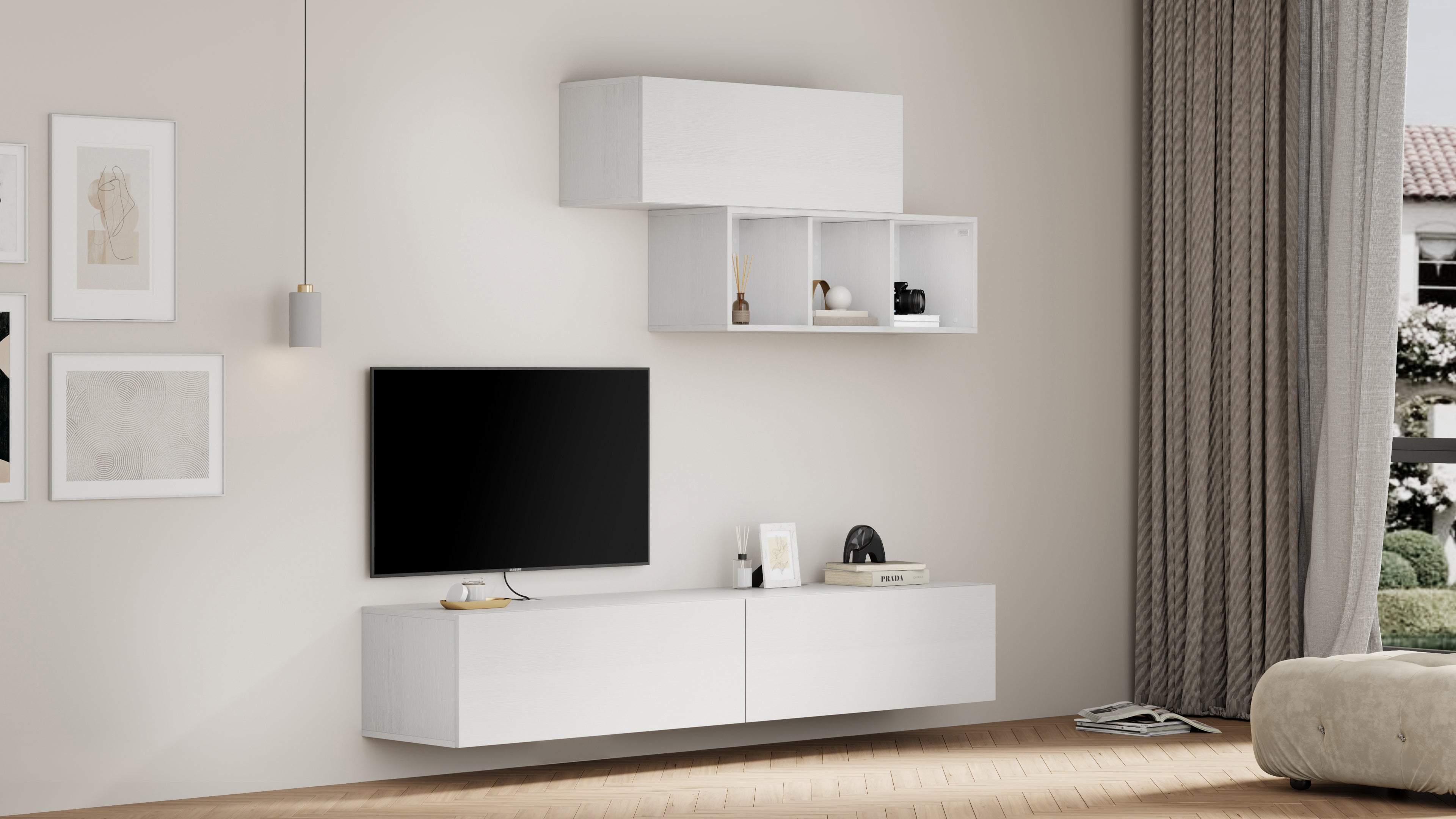 Parede de Tv Easy 3, freixo branco, 208x44x185 cm - Set image 1