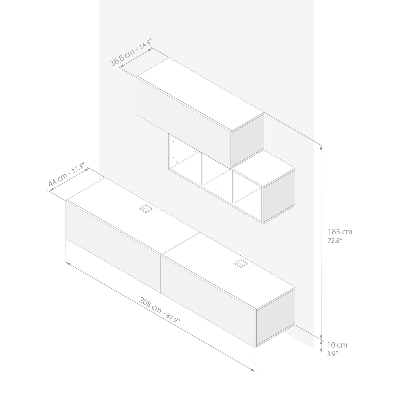 Wohnzimmerwand Easy 3, Eiche, 208x44x185 cm - Immagine tecnica 1