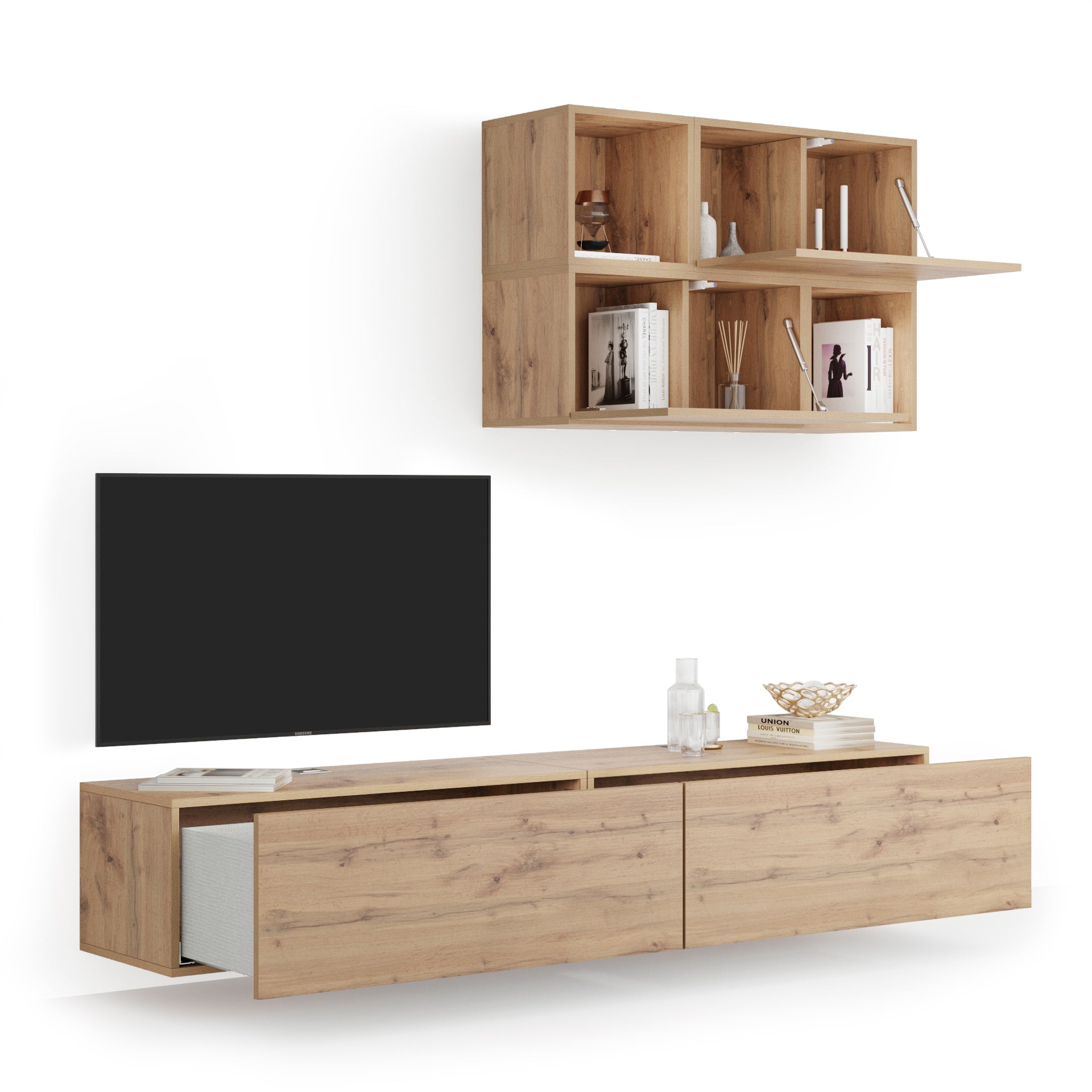 Composición de pared Easy para salón 4, color madera rústica, 208x44x185 cm
