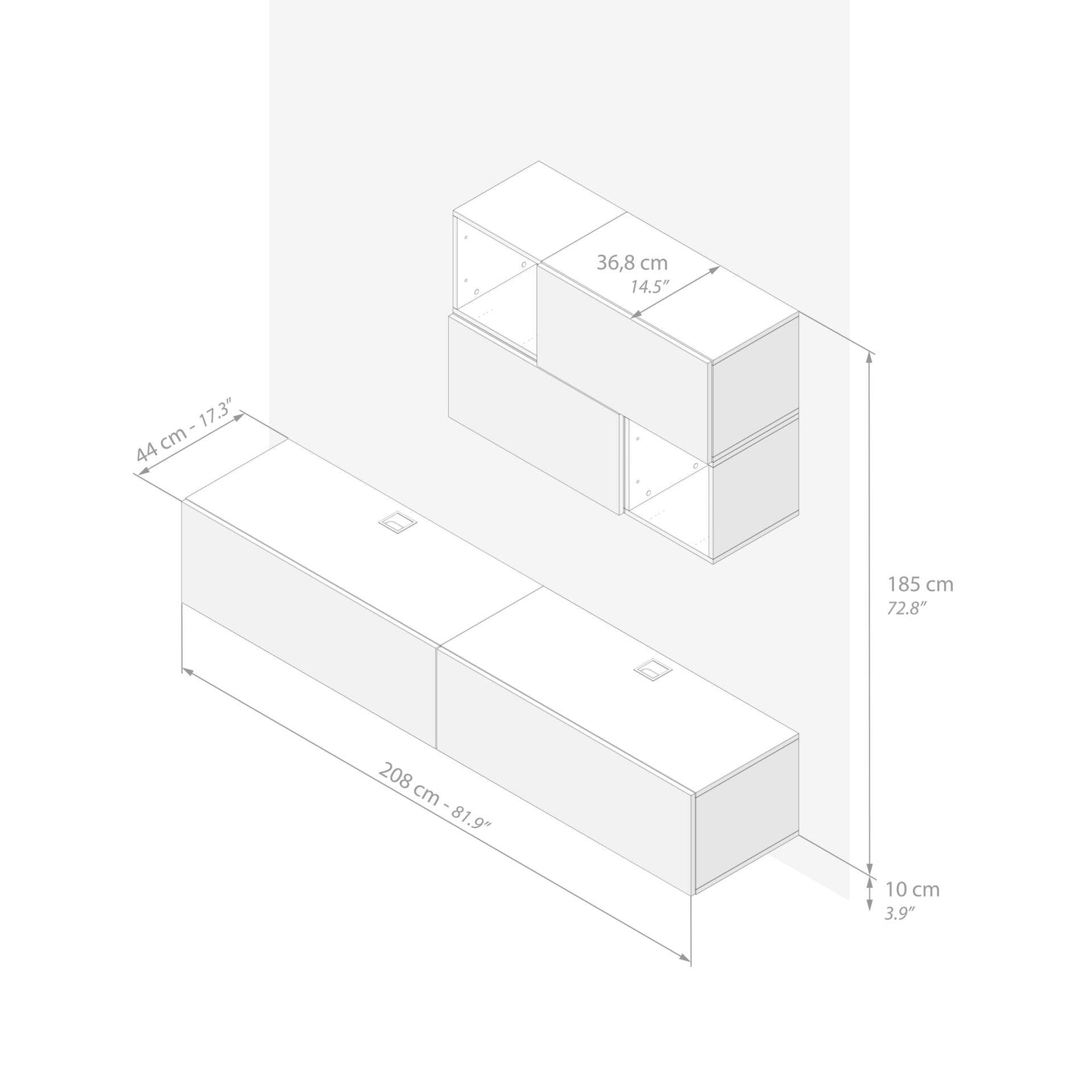Composición de pared Easy para salón 4, color fresno blanco, 208x44x185 cm - Immagine tecnica 1