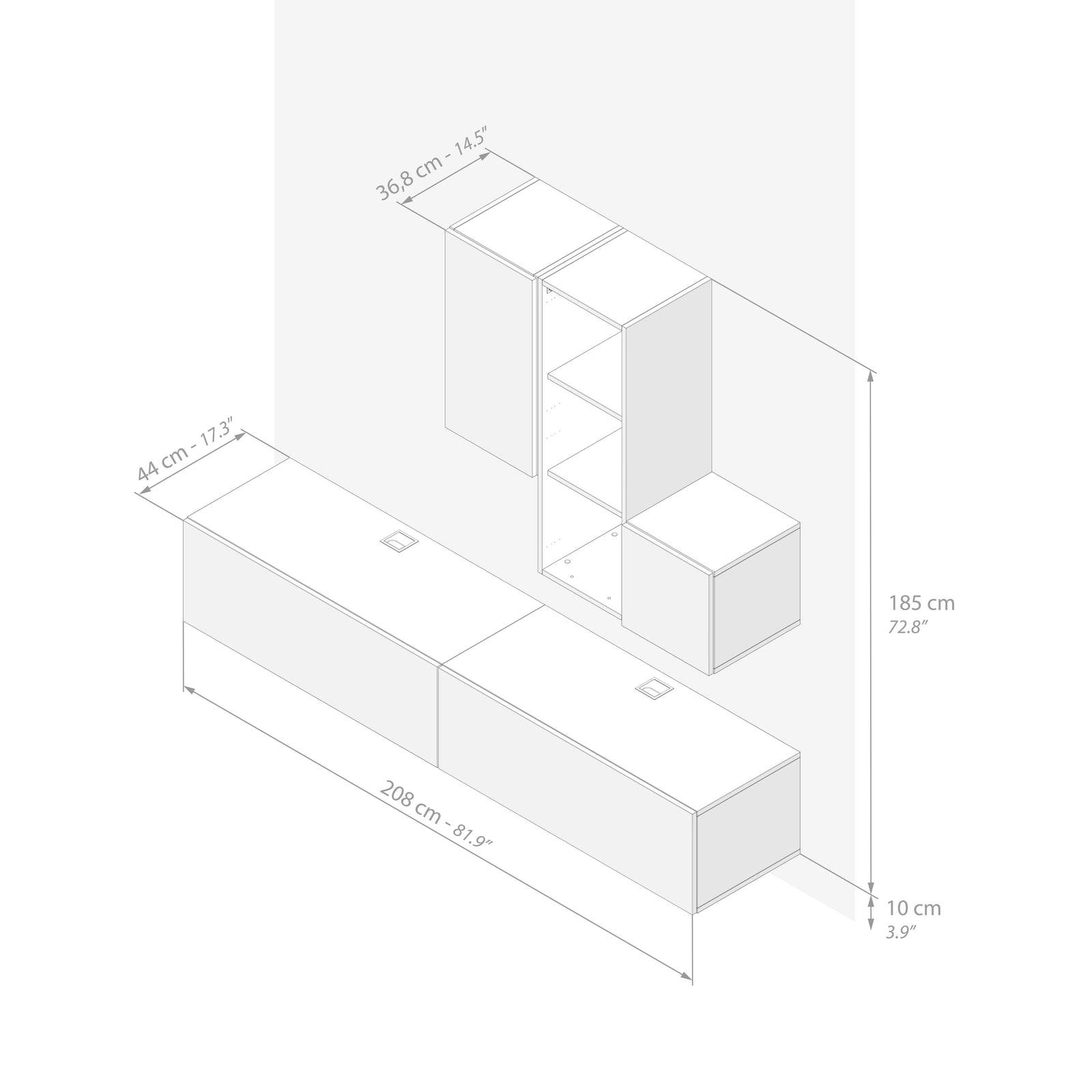 Ensemble Mural Easy 5, Frêne Blanc, 208x44x185 cm - Immagine tecnica 1