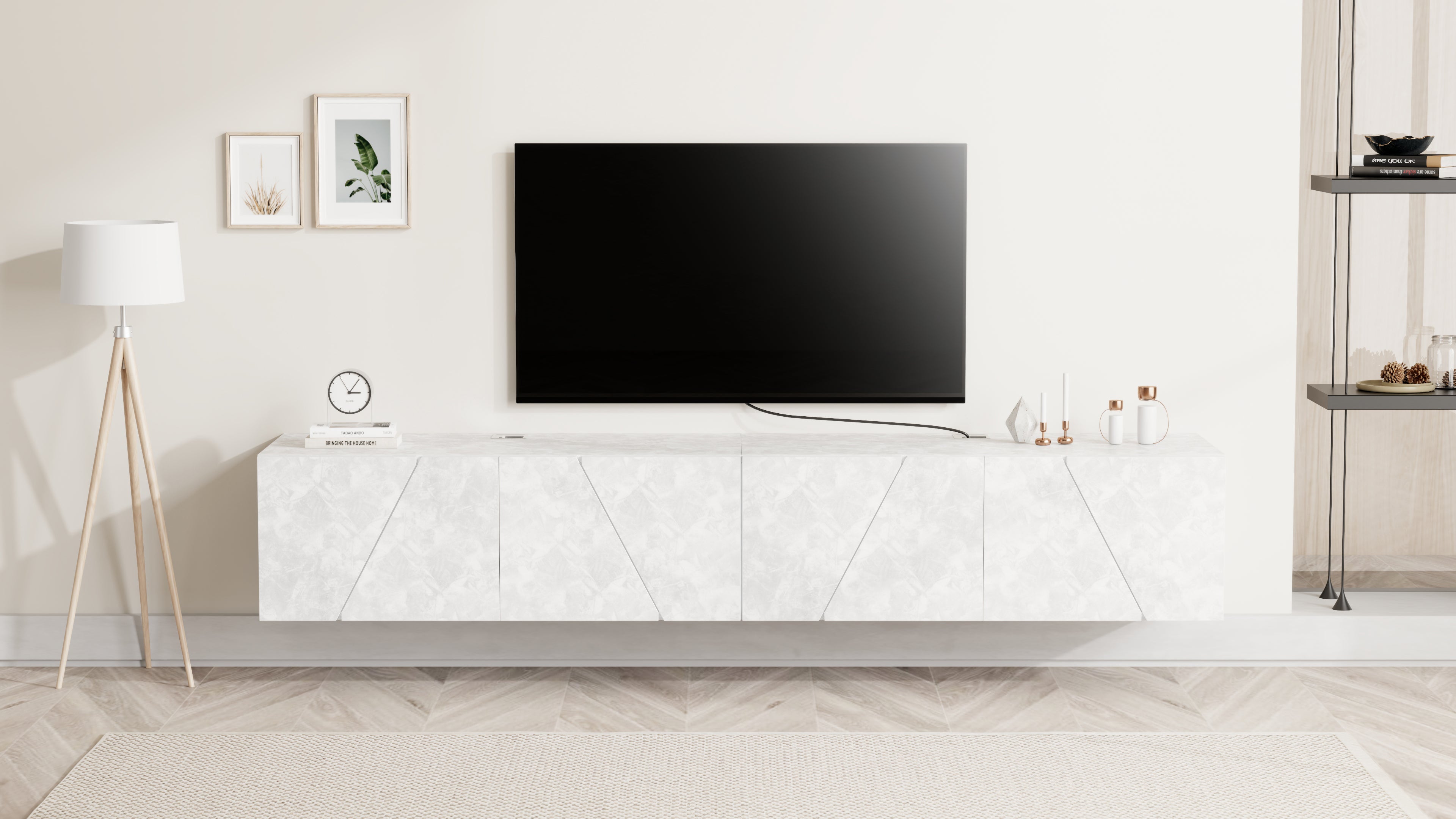 Parede de Tv Emma 1, cimento branco, 208x44x36 cm - Set image 1