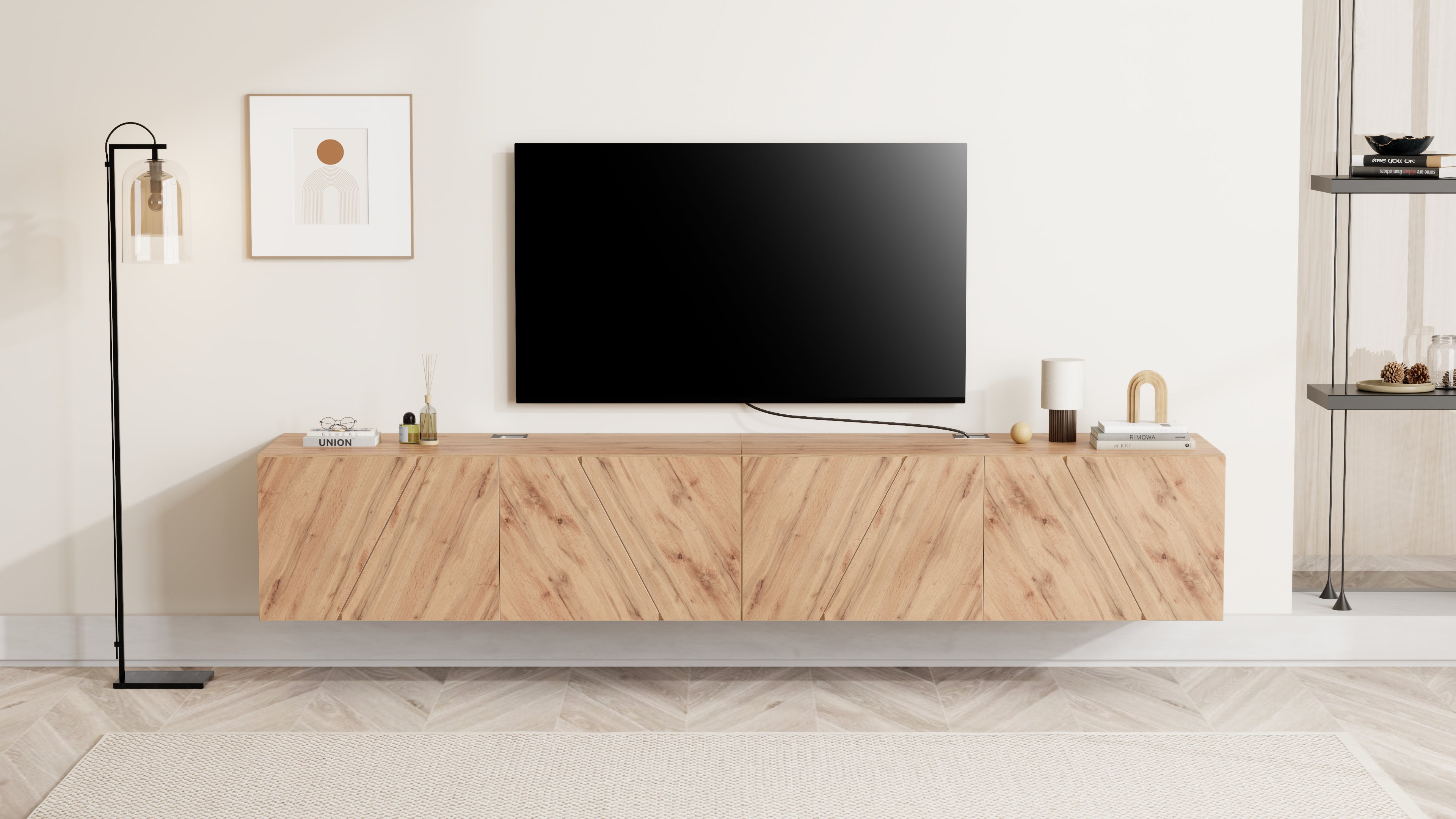 Parete Soggiorno Emma 1, Rovere Rustico, 208x44x36 cm - Immagine ambientata 2