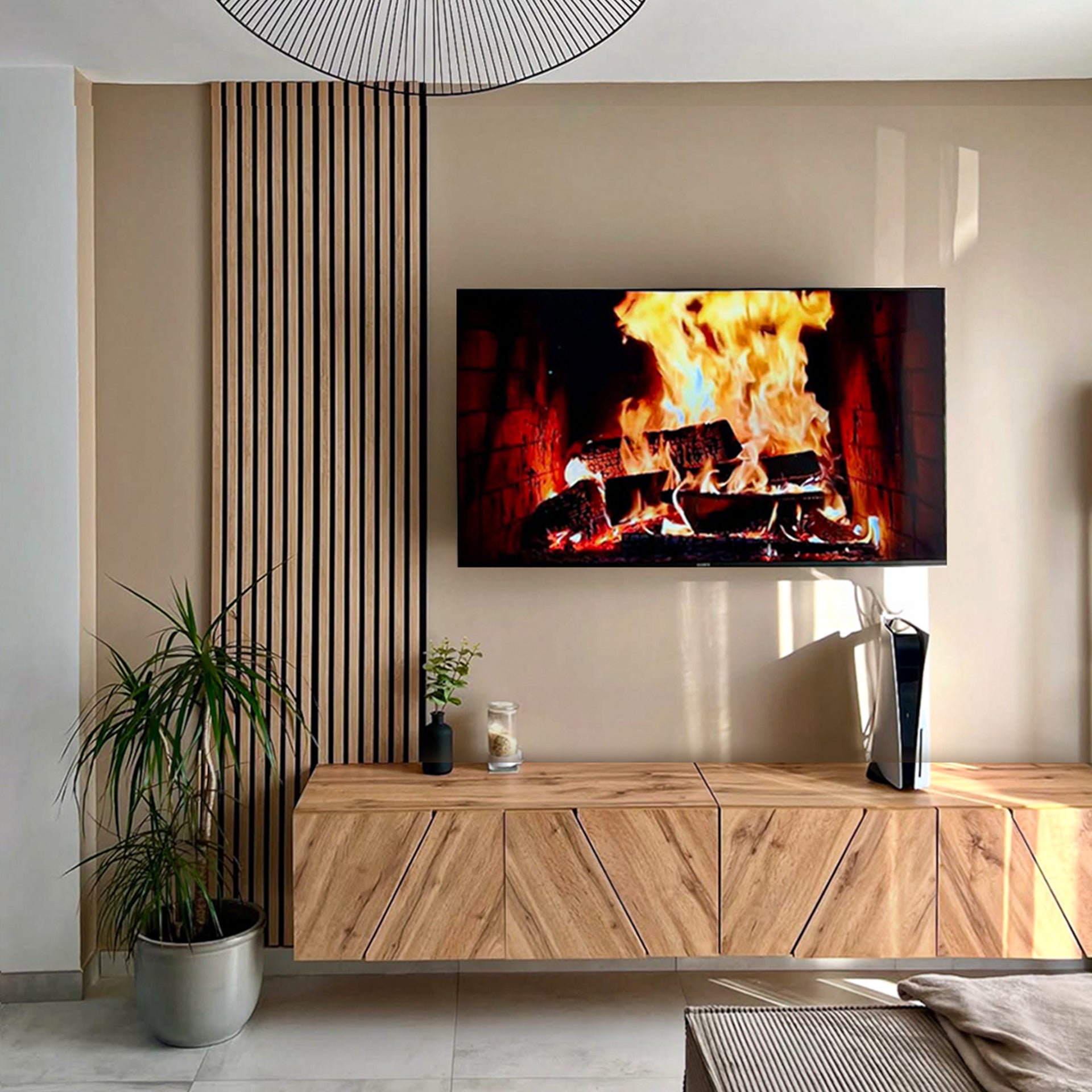 Parete Soggiorno Emma 1, Rovere Rustico, 208x44x36 cm - Immagine ambientata 1