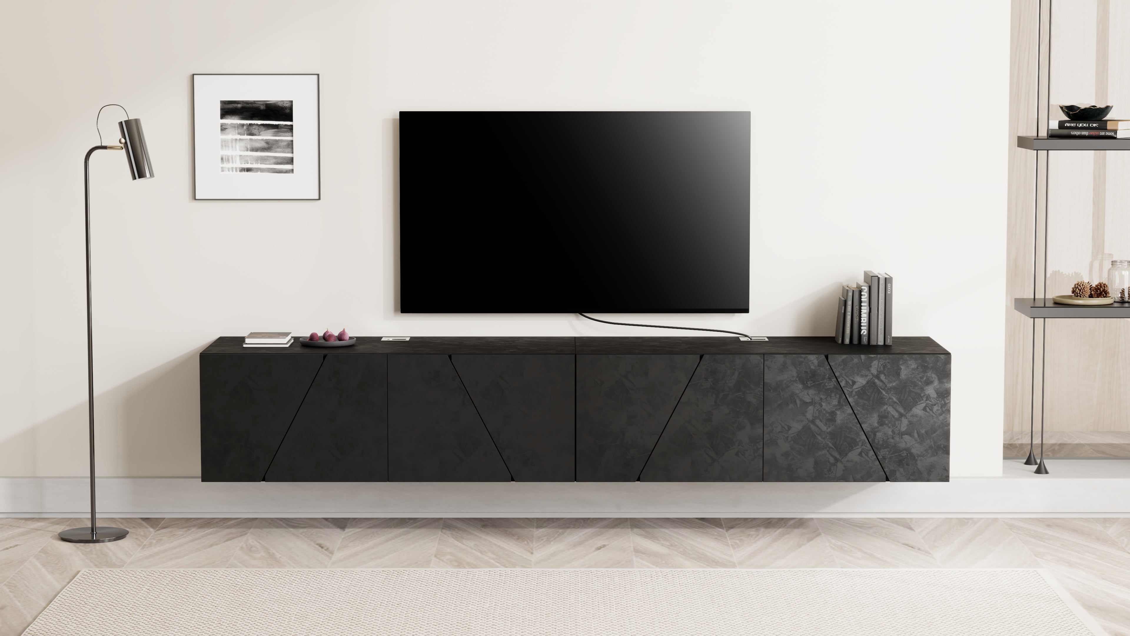 Parede de Tv Emma 1, cimento preto, 208x44x36 cm - Set image 1