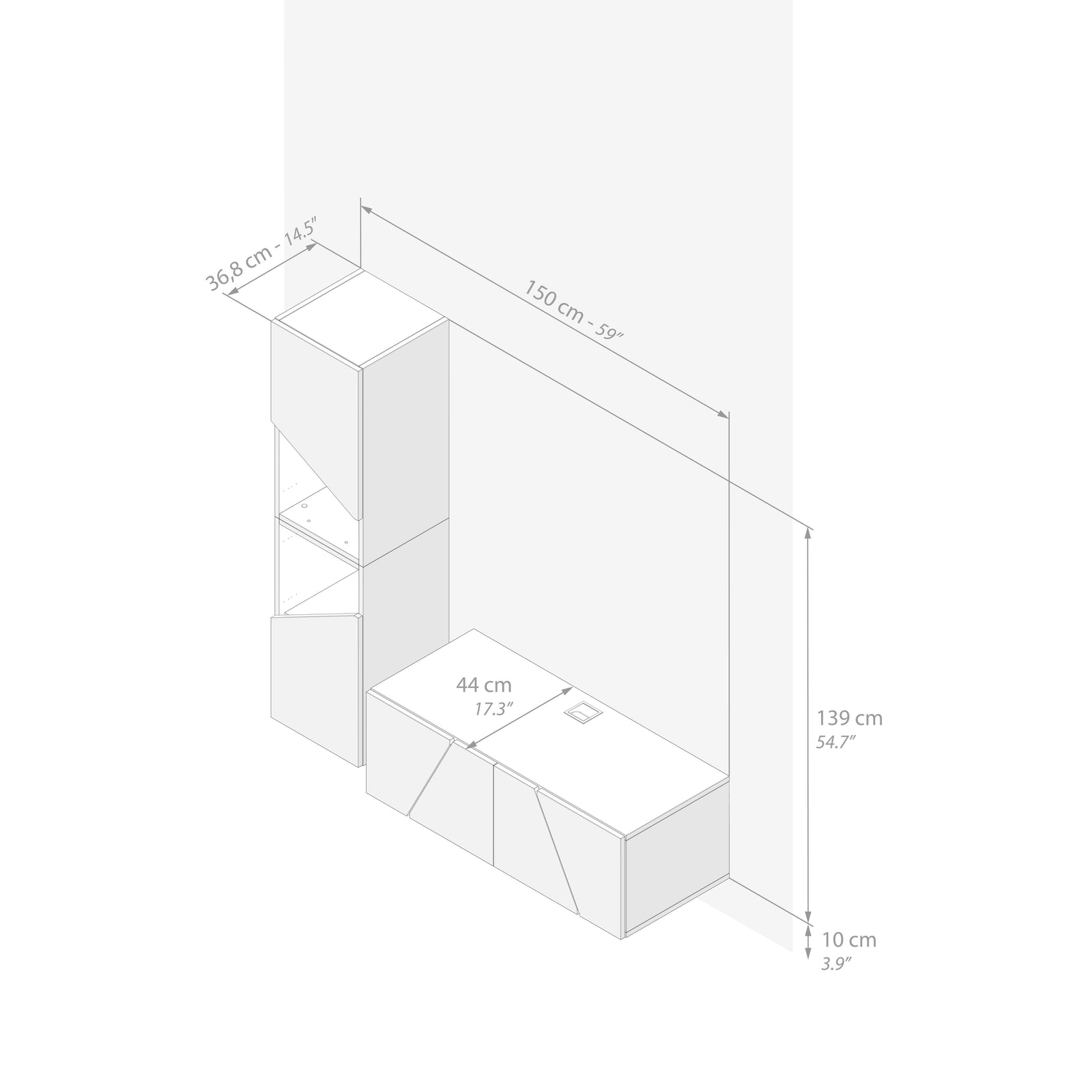 Wohnzimmerwand Emma 2, Rustikale Eiche, 150x44x139 cm - Immagine tecnica 1