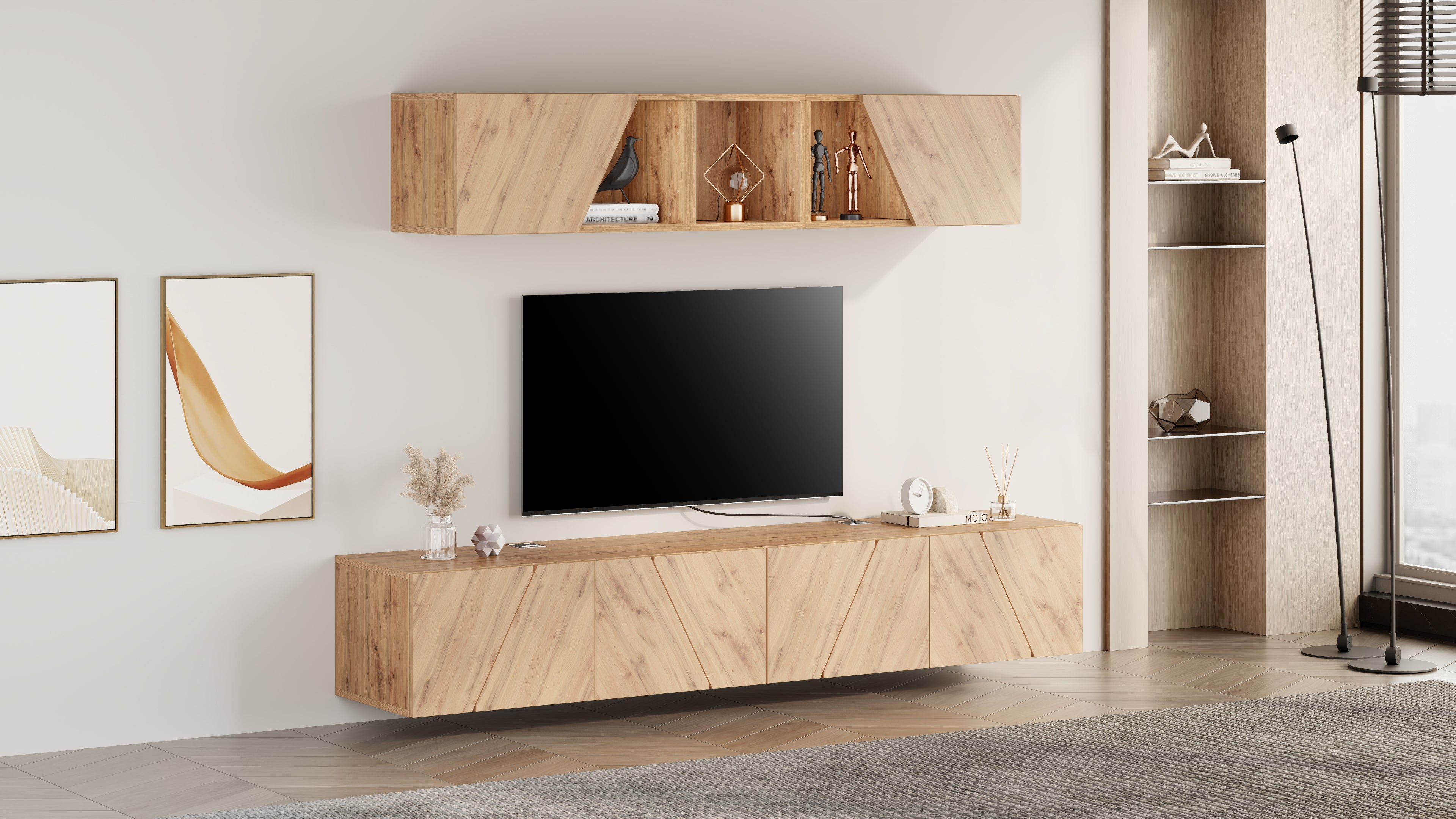 Set of 2 Emma Wall Units 27.55 in, with Lift Up Door, Rustic Oak - Set image 1