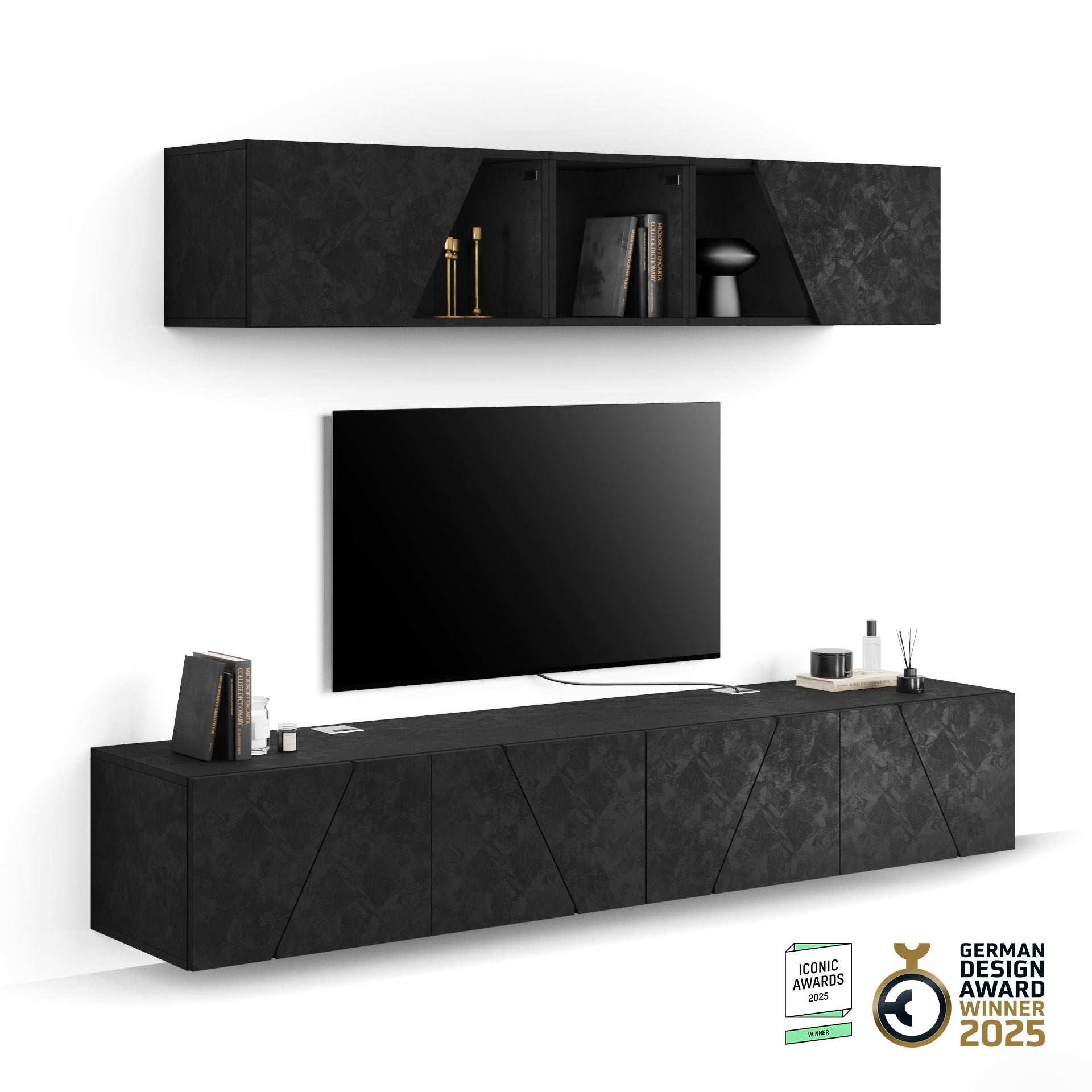 Parede de Tv Emma 4, cimento preto, 208x44x162,4 cm - Main image