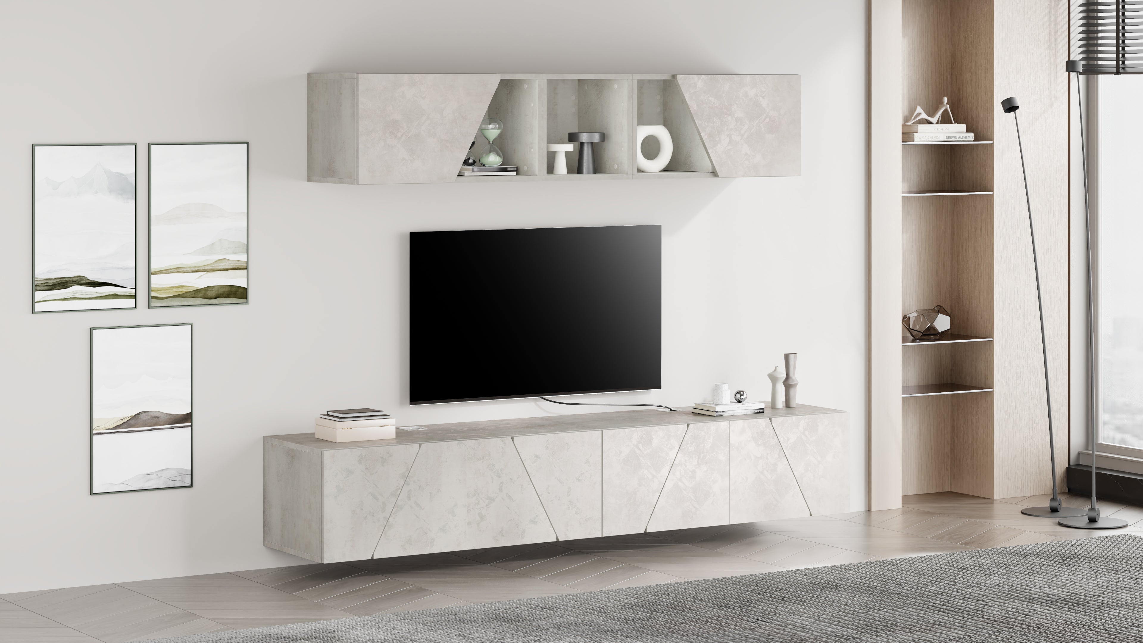 Set of 2 Emma Wall Units 27.55 in, with Lift Up Door, Concrete Effect, Grey - Set image 1