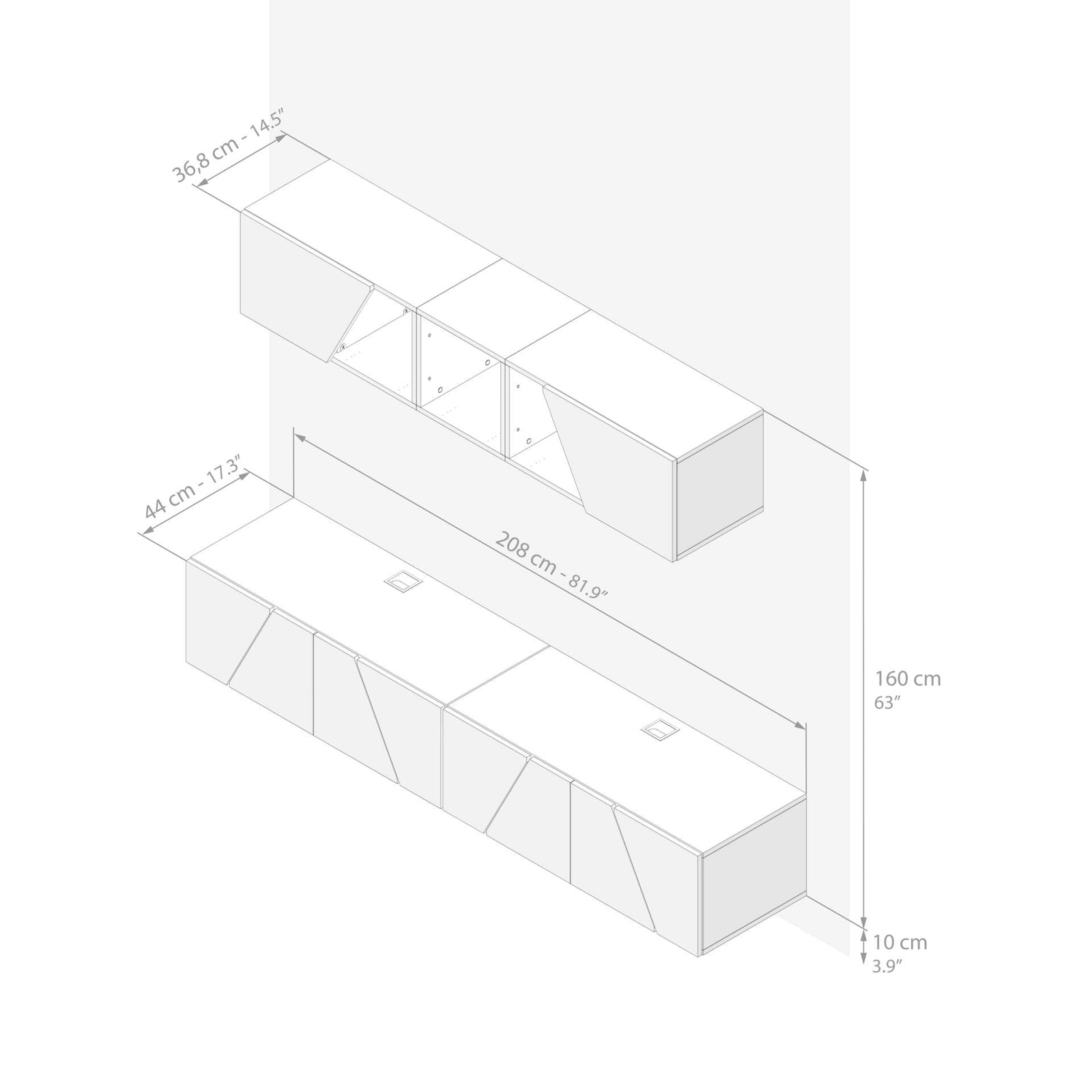 Parede de Tv Emma 4, cimento branco, 208x44x162,4 cm - Immagine tecnica 1