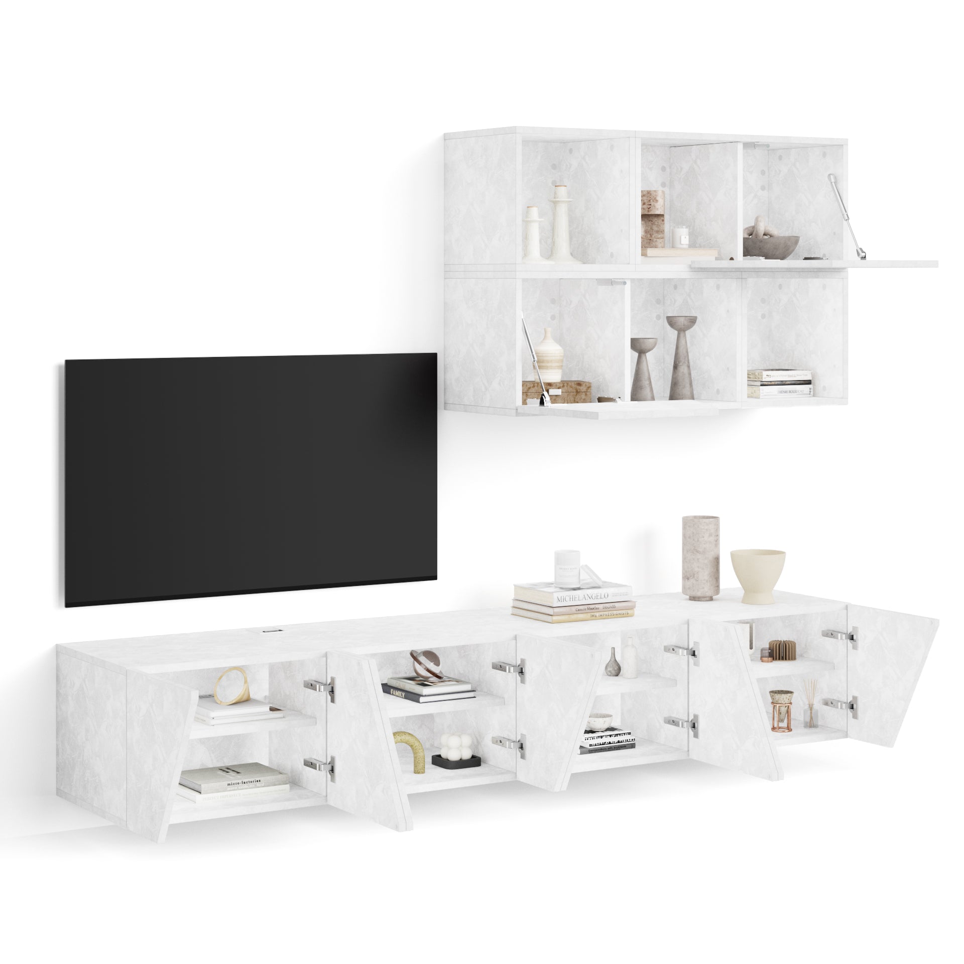 Parete Soggiorno Emma 5, Bianco Cemento, 208x44x160 cm - Immagine dettaglio 1