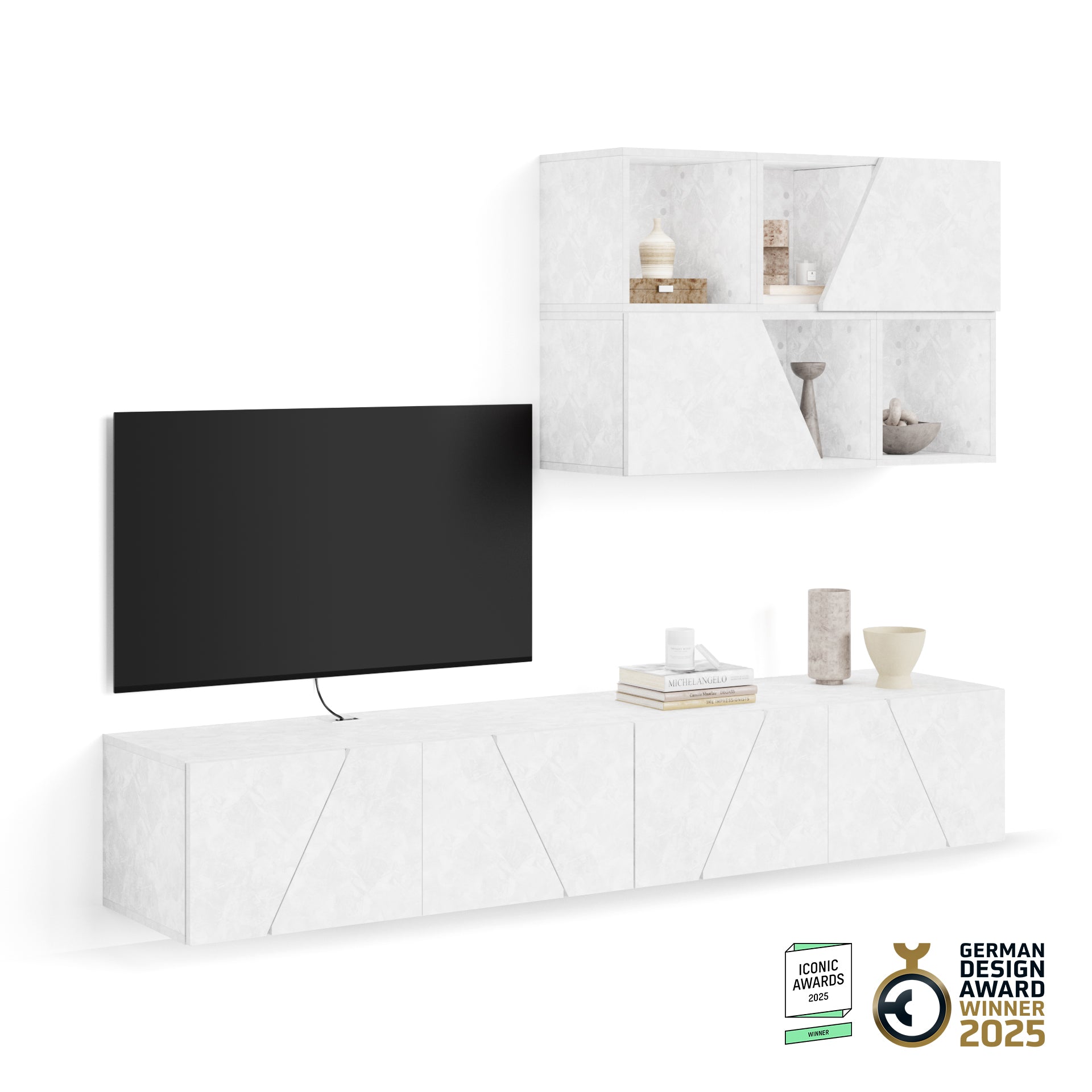 Parete Soggiorno Emma 5, Bianco Cemento, 208x44x160 cm - Immagine principale