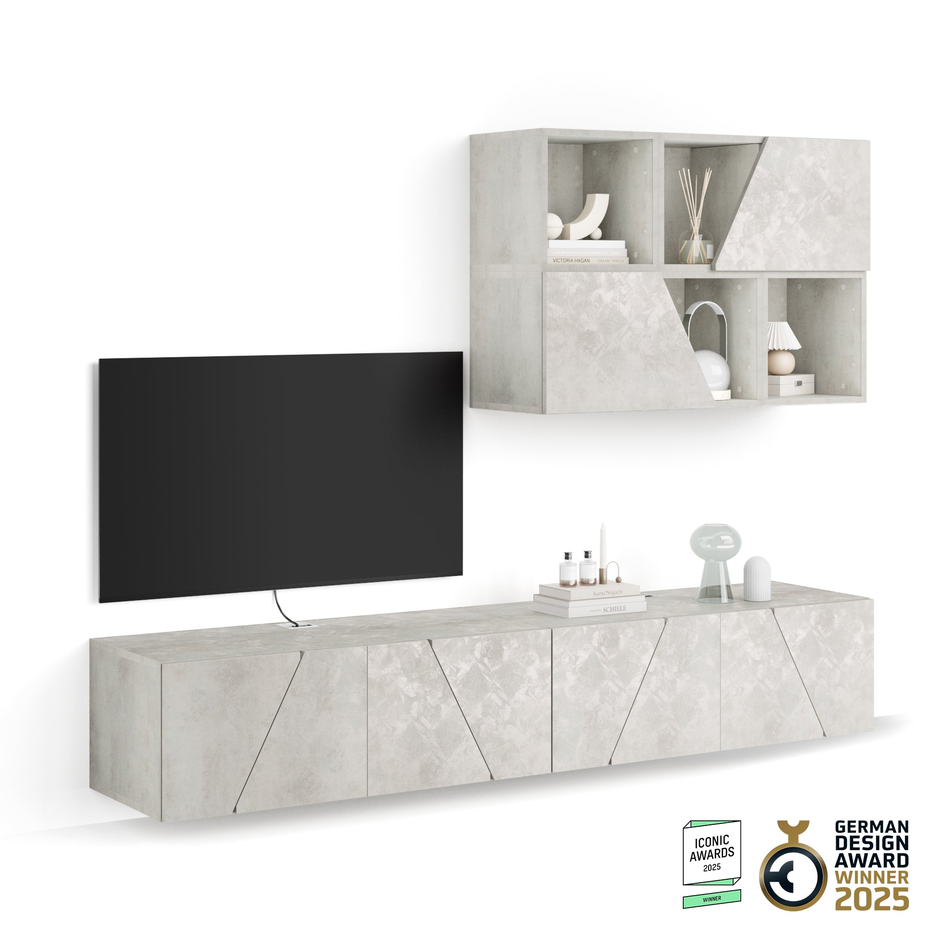 Wohnzimmerwand Emma 5, Grauer Beton, 208x44x160 cm