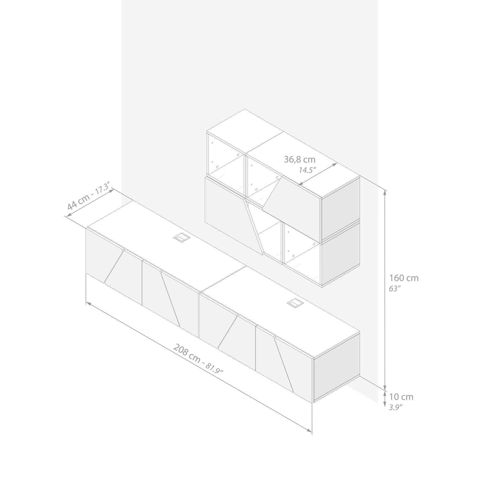 Ensemble Mural Emma 5, Noir Béton, 208x44x160 cm - Immagine tecnica 1