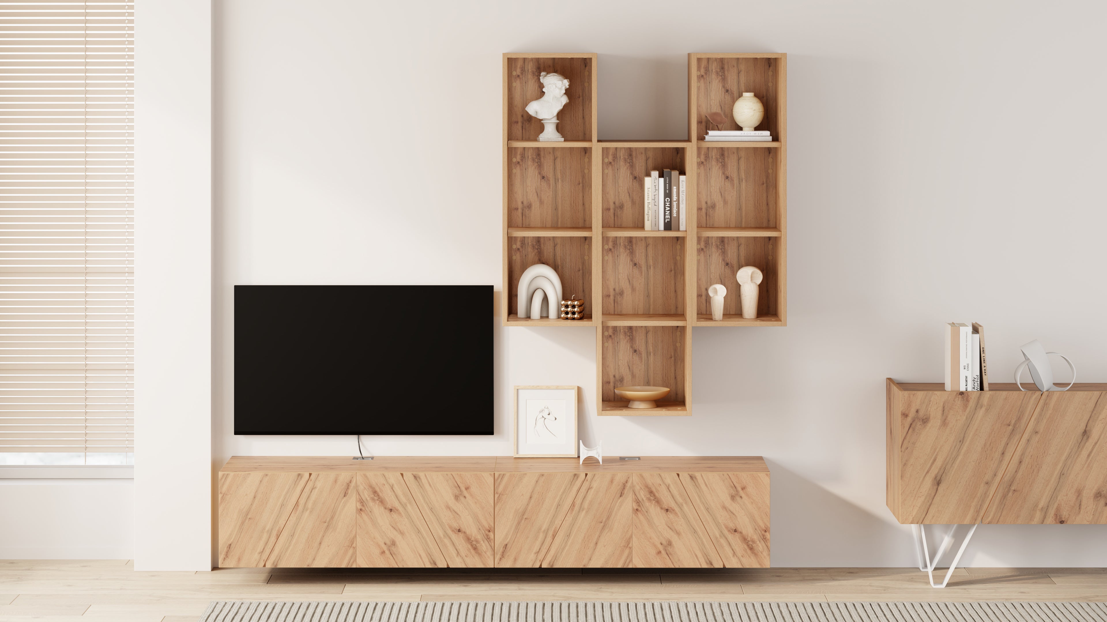 Parete Soggiorno Emma 6, Rovere Rustico, 208x44x210 cm - Immagine ambientata 1