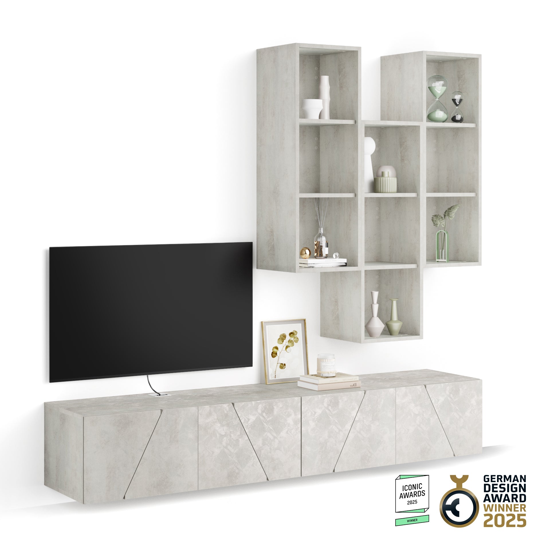 Emma Living Room Wall Unit 6, Concrete Effect, Grey, 81.9x17.3x82.7 in