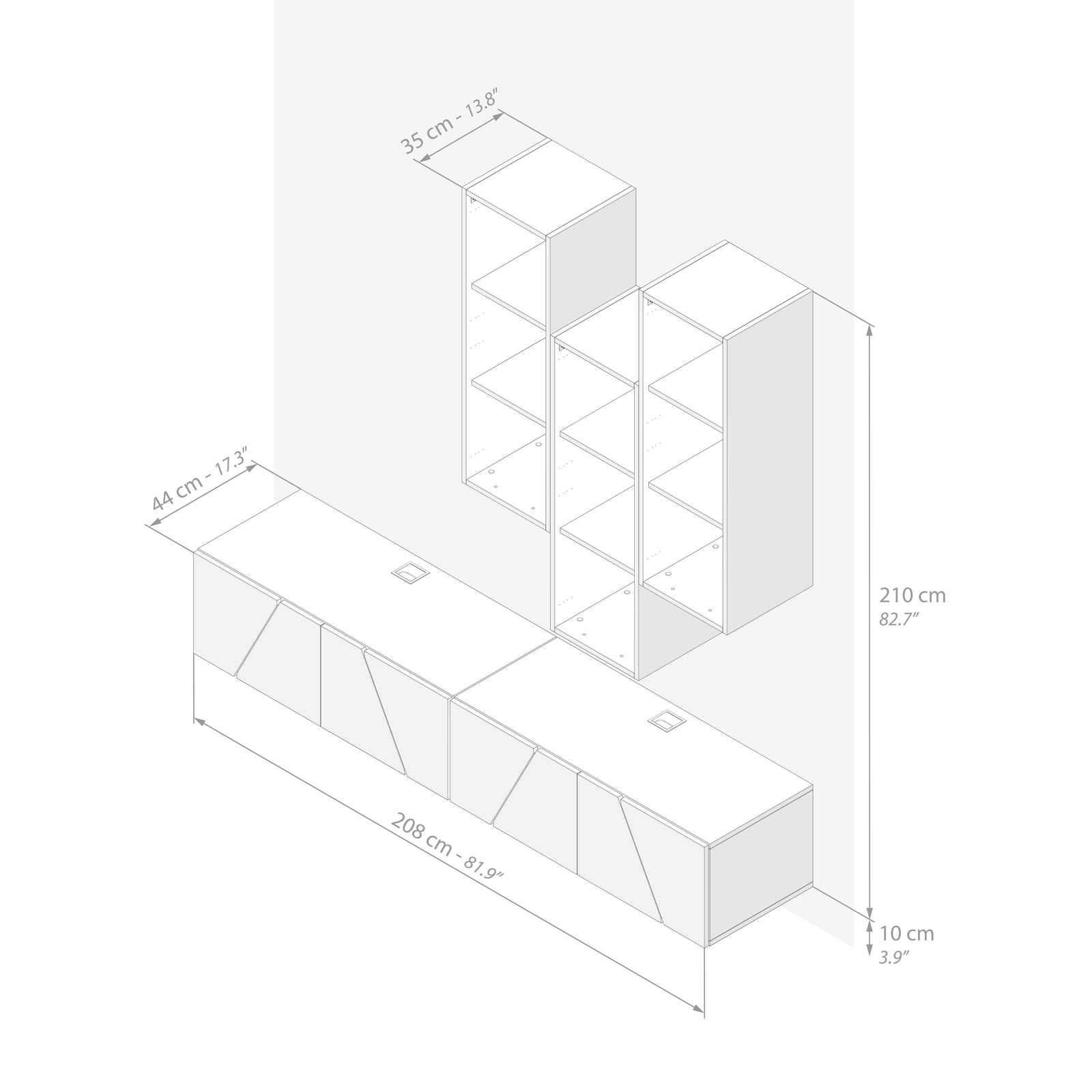 Ensemble Mural Emma 6, Blanc Béton, 208x44x210 cm - Immagine tecnica 1