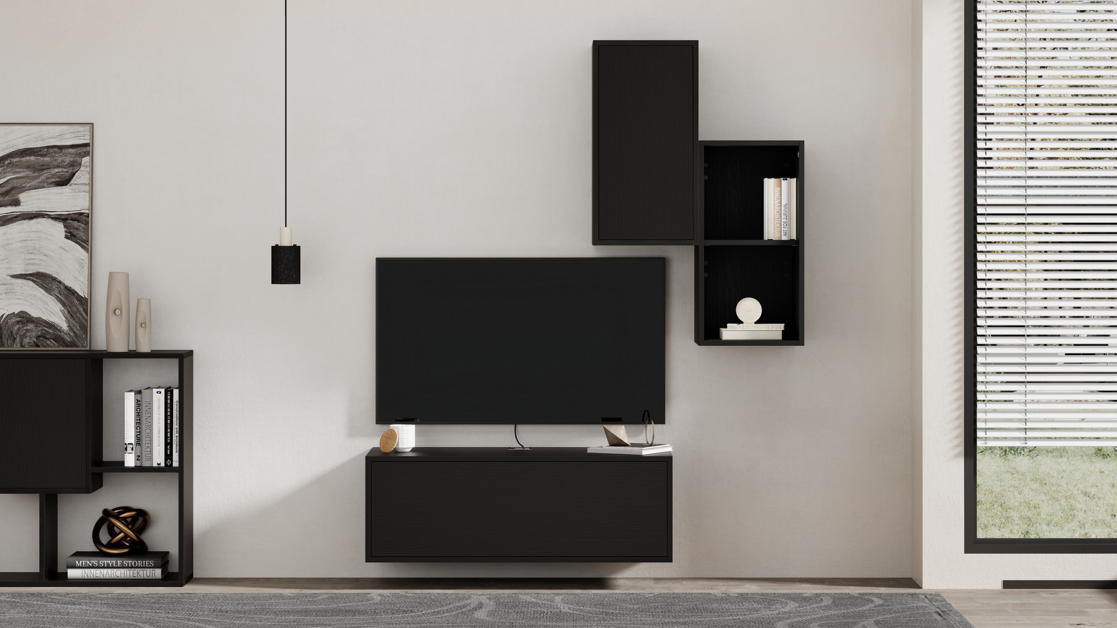 Composición de pared Iacopo para salón 2, color madera negra, 150x42x177 cm - Set image 1