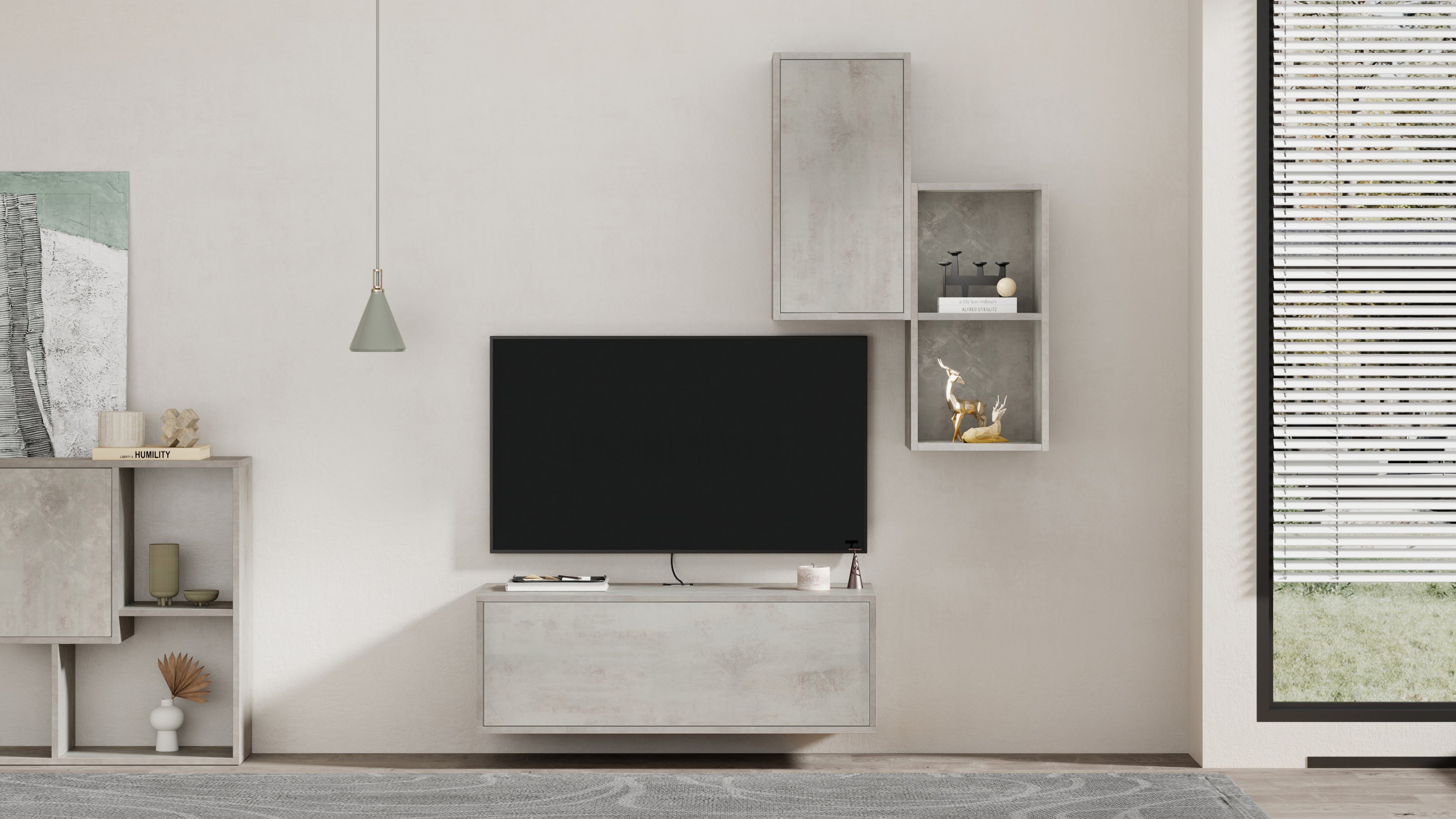 Composición de pared Iacopo para salón 2, color cemento gris, 150x42x177 cm - Set image 1