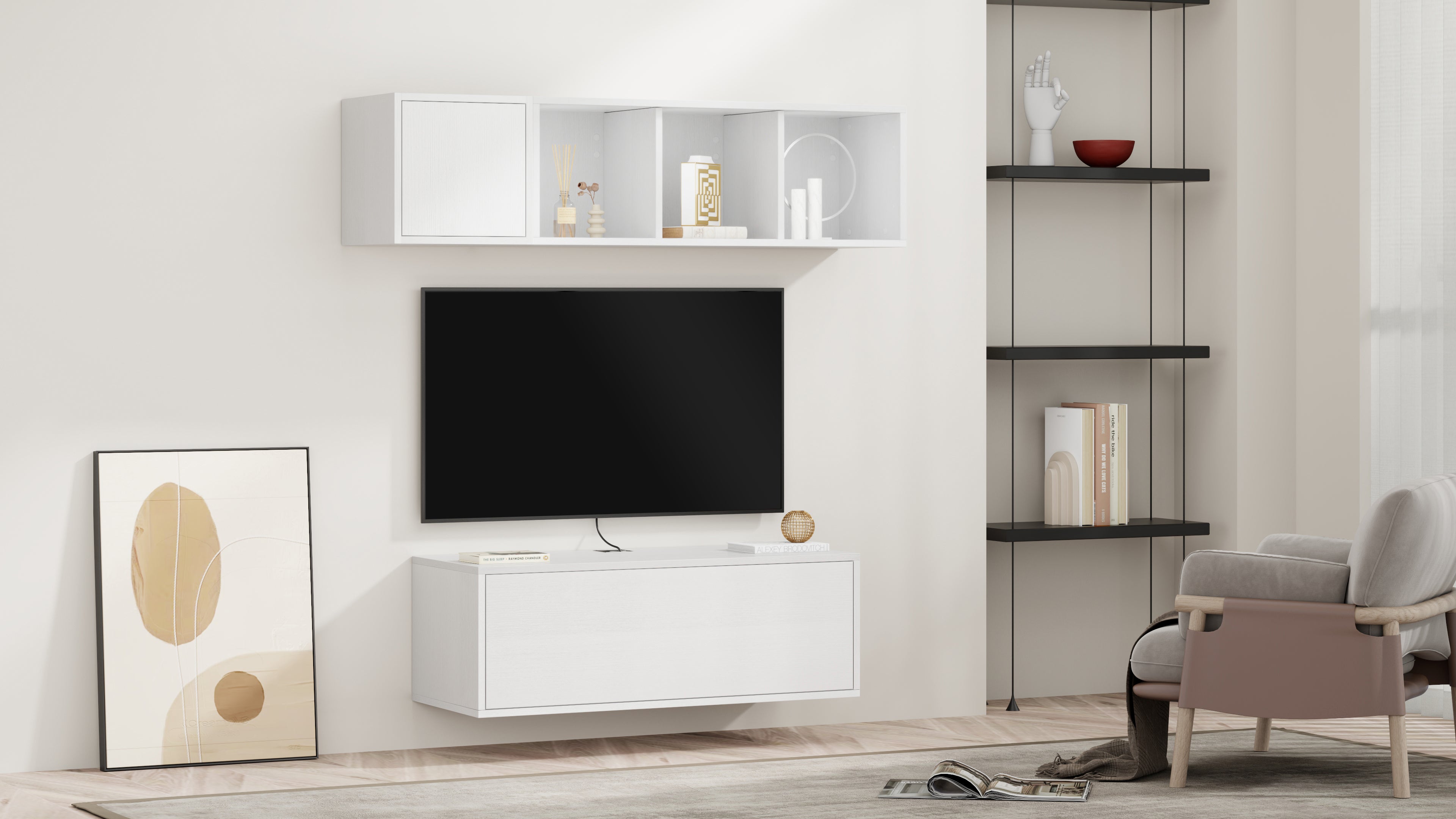 Parede de Tv Iacopo 3, freixo branco, 140x42x150 cm - Set image 1