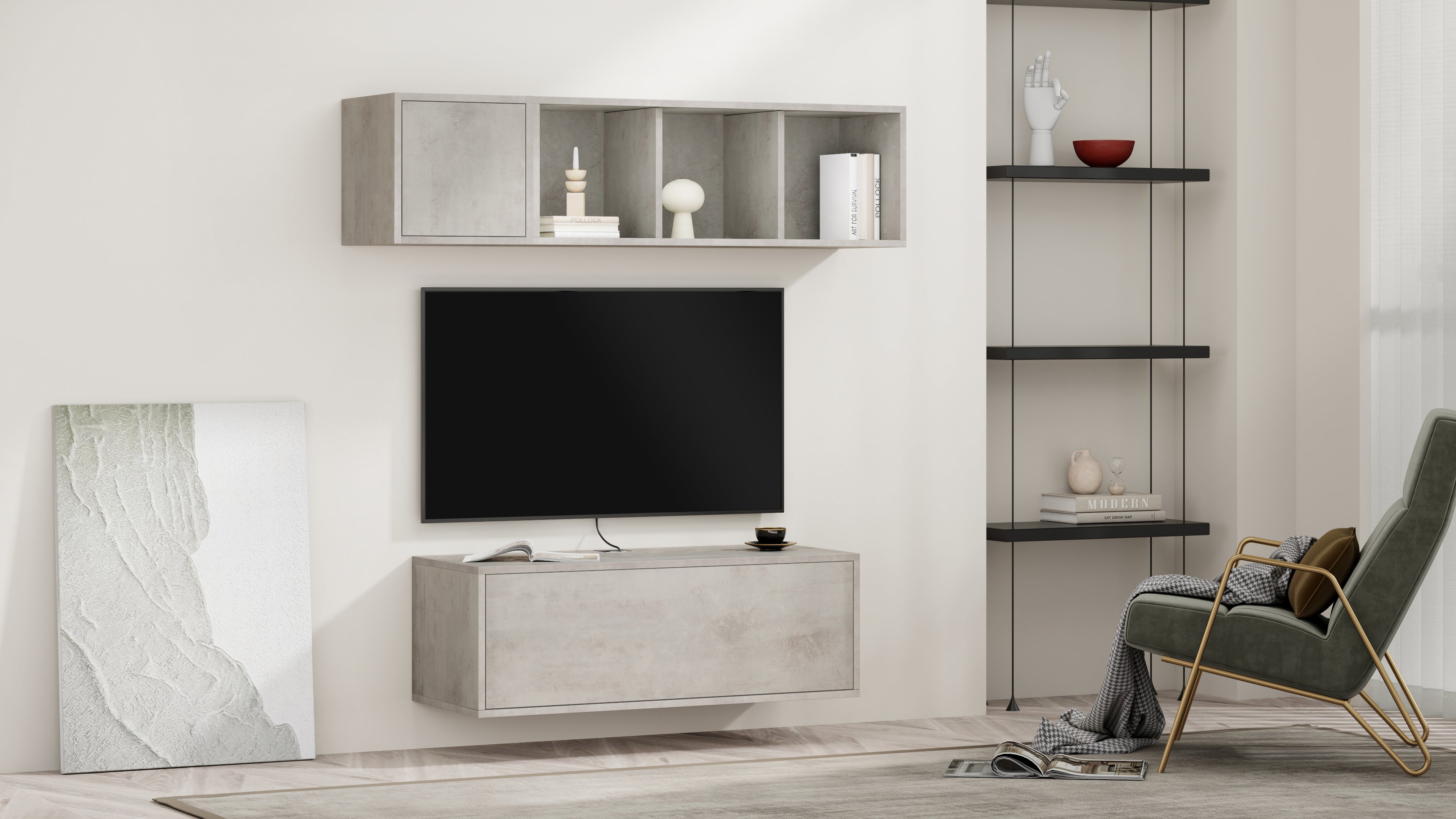 Parede de Tv Iacopo 3, cimento cinza, 140x42x150 cm - Set image 1