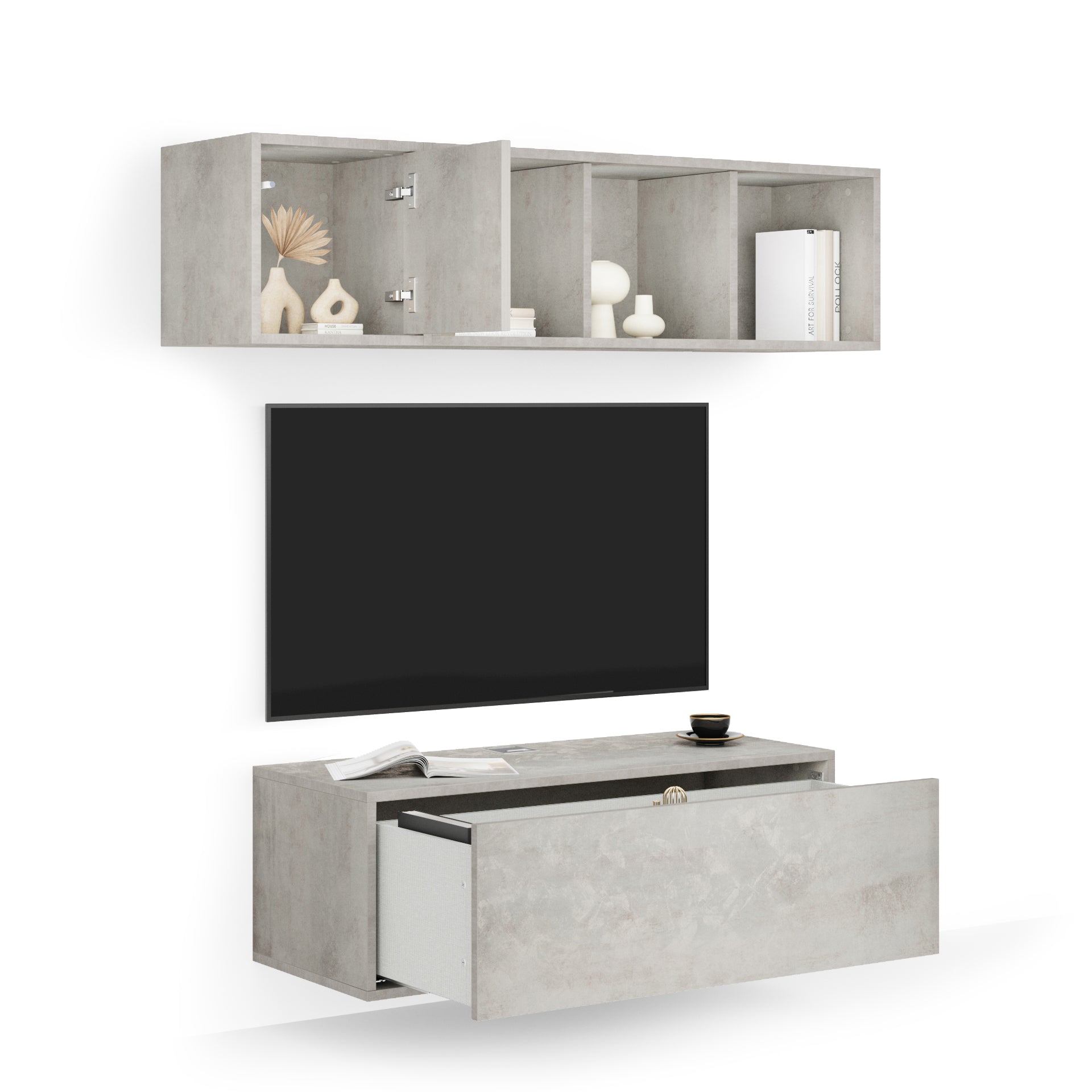 Composición de pared Iacopo para salón 3, color cemento gris, 140x42x150 cm