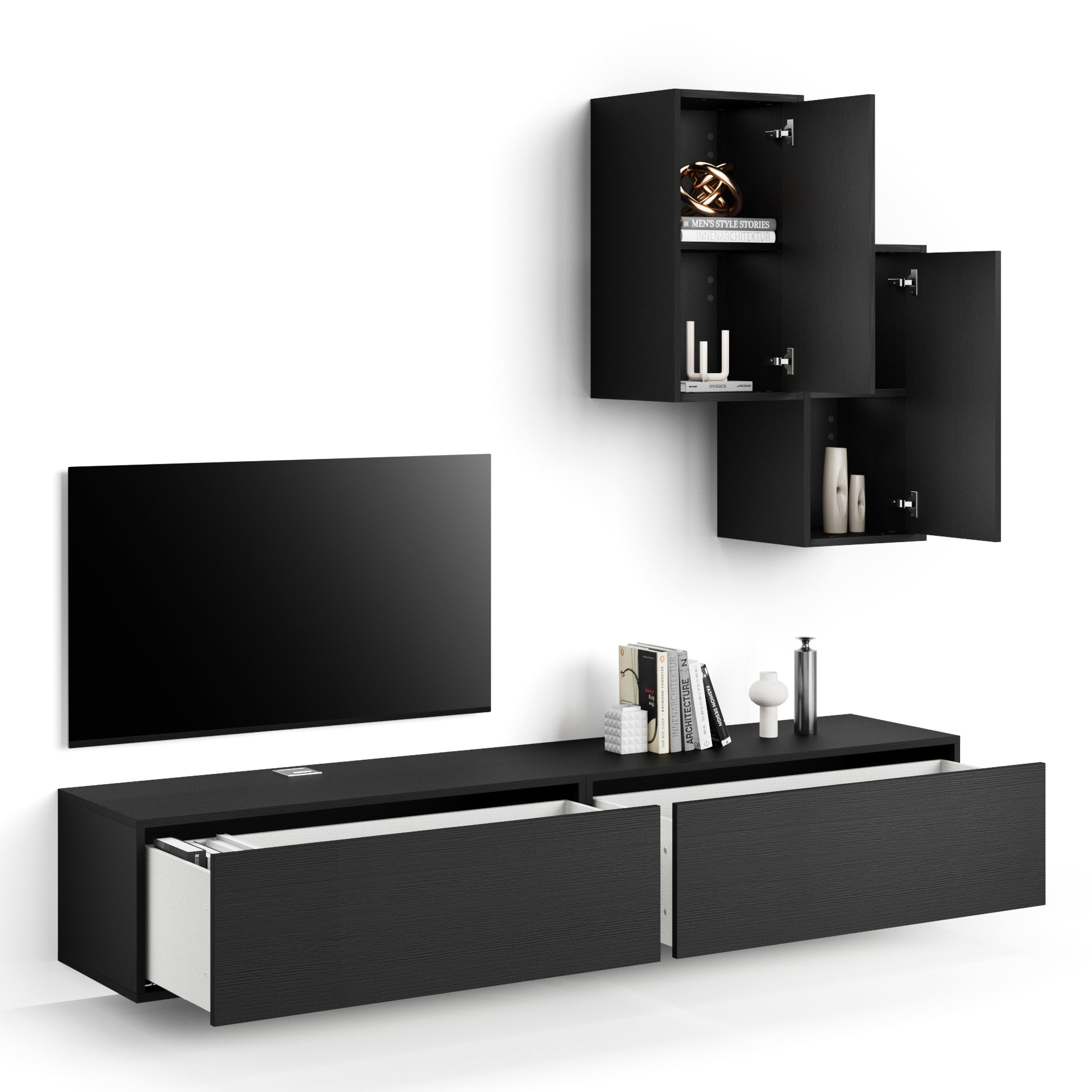 Composición de pared Iacopo para salón 4, color madera negra, 208x42x185 cm