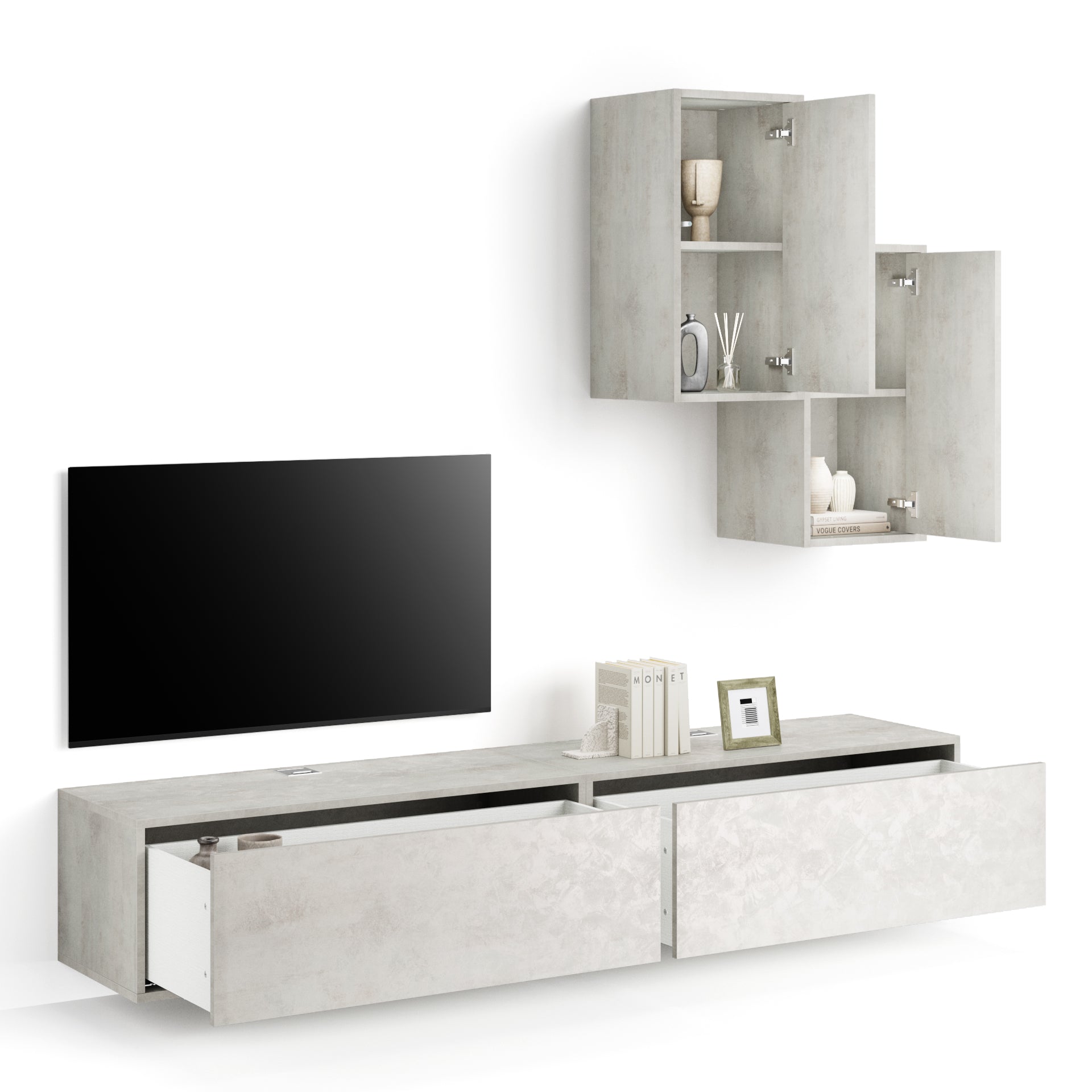 Wohnzimmerwand Iacopo 4, Grauer Beton, 208x42x185 cm