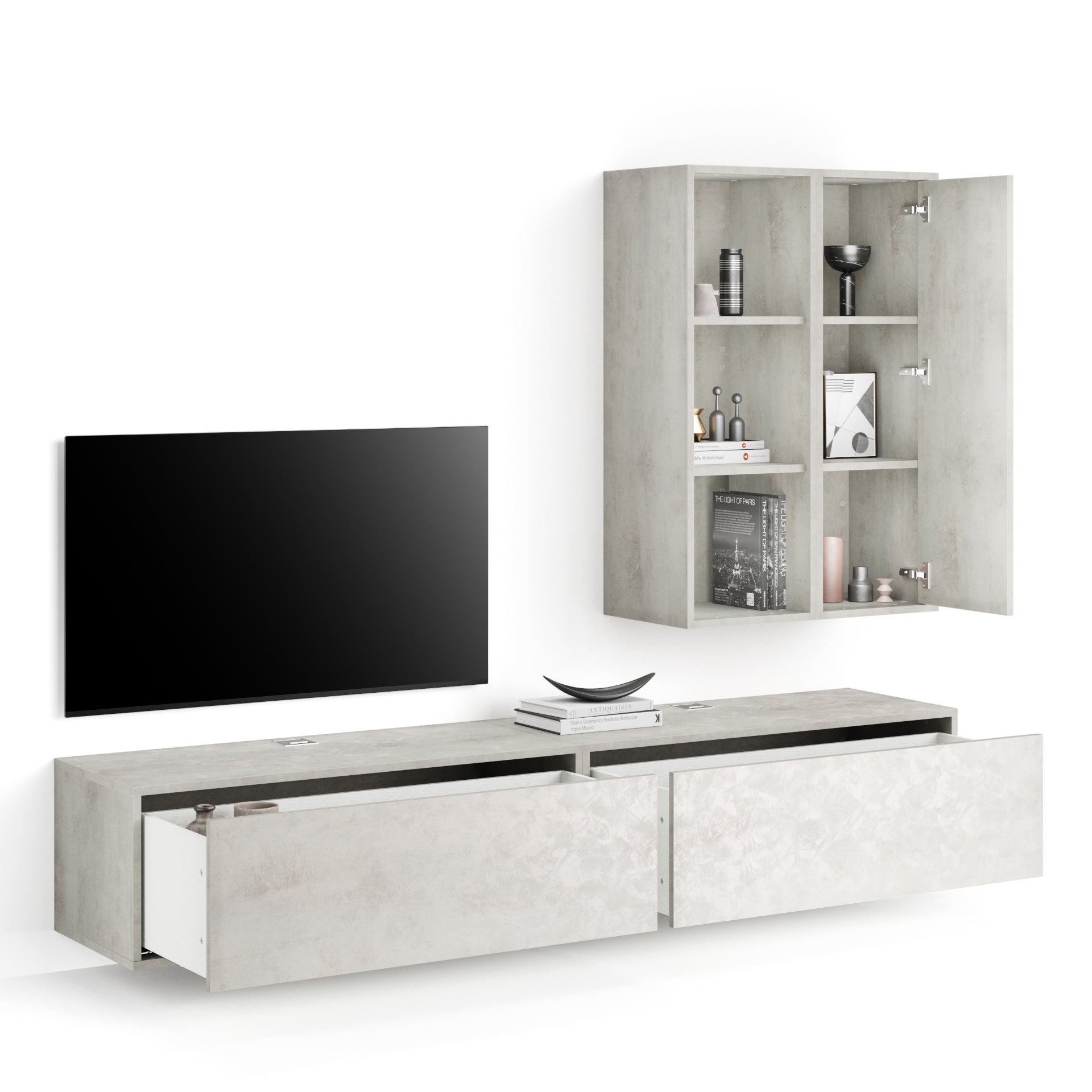Wohnzimmerwand Iacopo 7, Grauer Beton, 208x42x156 cm
