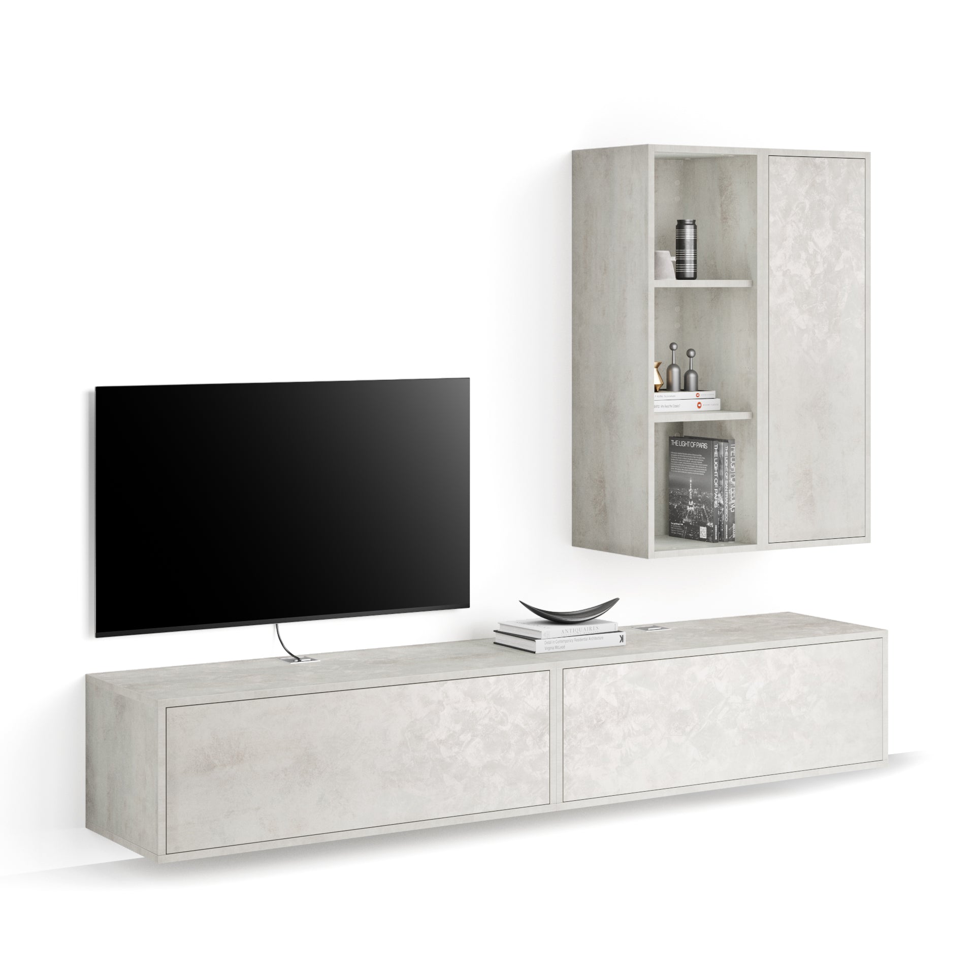 Iacopo Living Room Wall Unit 7, Concrete Effect, Grey, 81.9x16.5x61.4 in