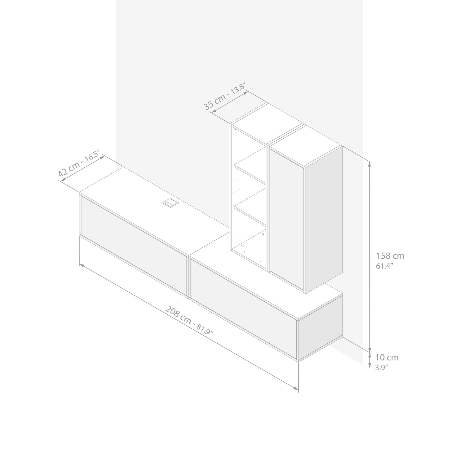 Parete Soggiorno Iacopo 7, Rovere Rustico, 208x42x156 cm - Immagine tecnica 1