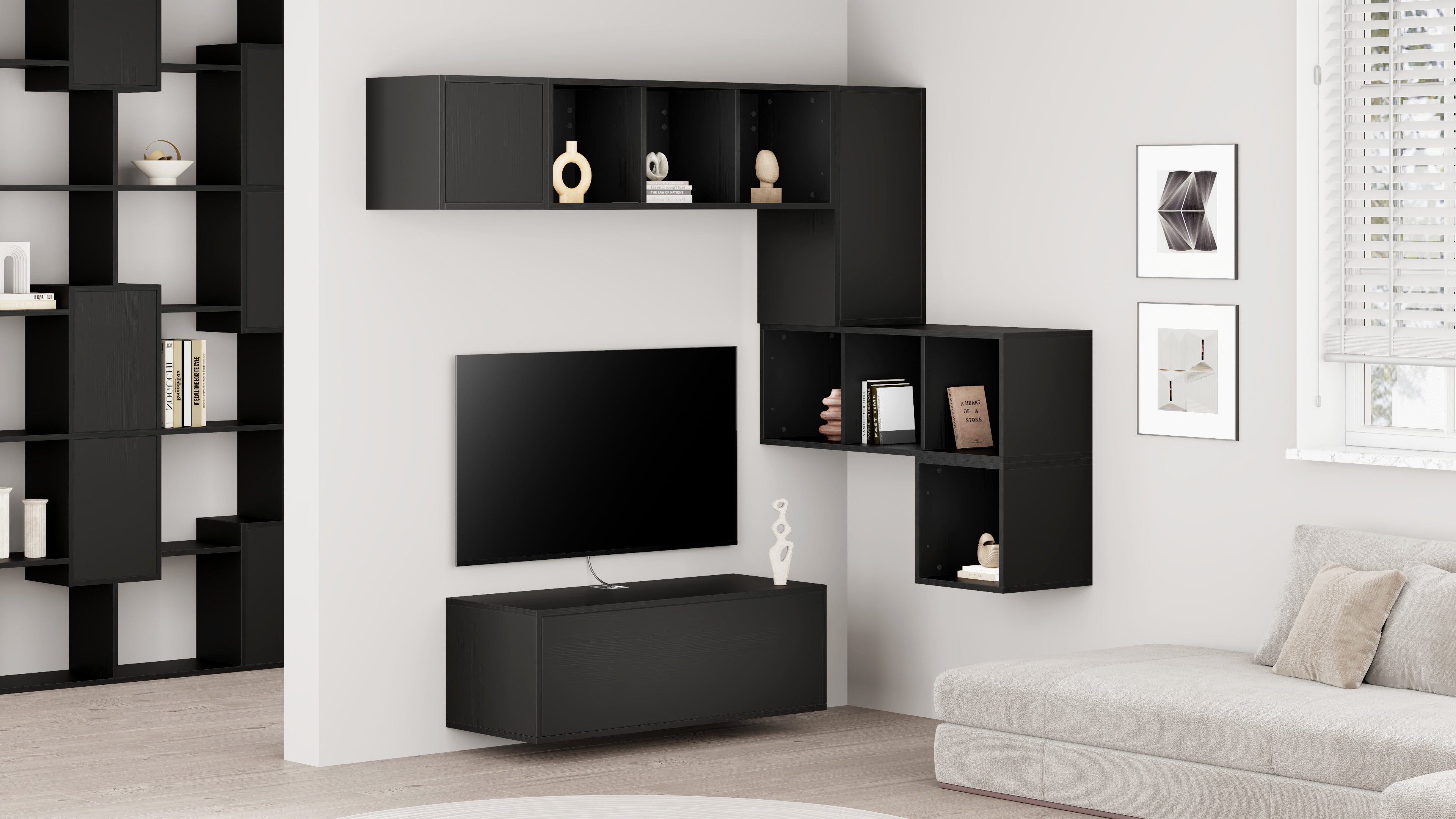 Parete Soggiorno angolare Iacopo 8, Nero Frassino, 280x42x188 cm - Immagine ambientata 1