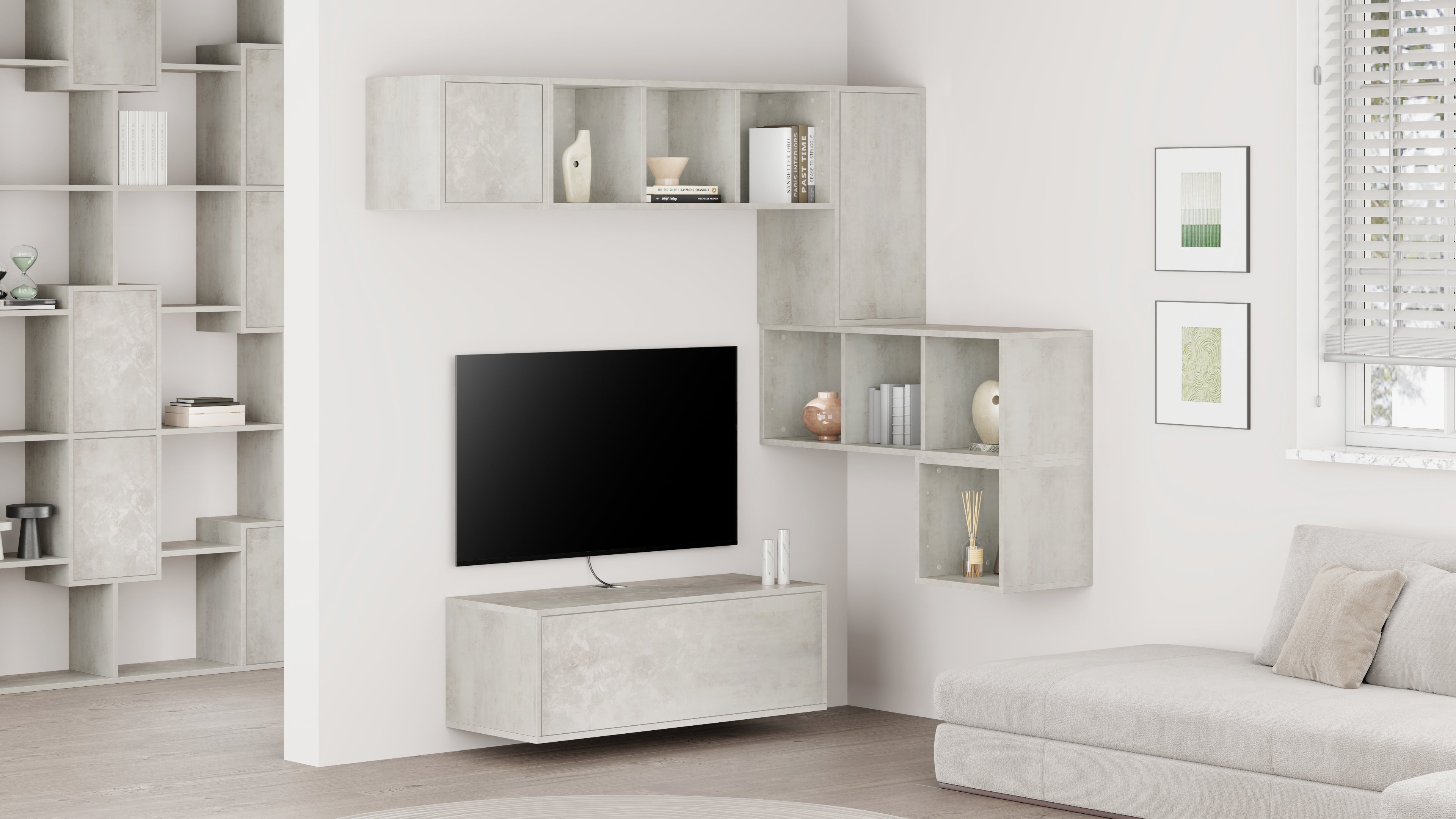 Wohnzimmerwand Iacopo 8, Grauer Beton, 280x42x188 cm - Set image 1