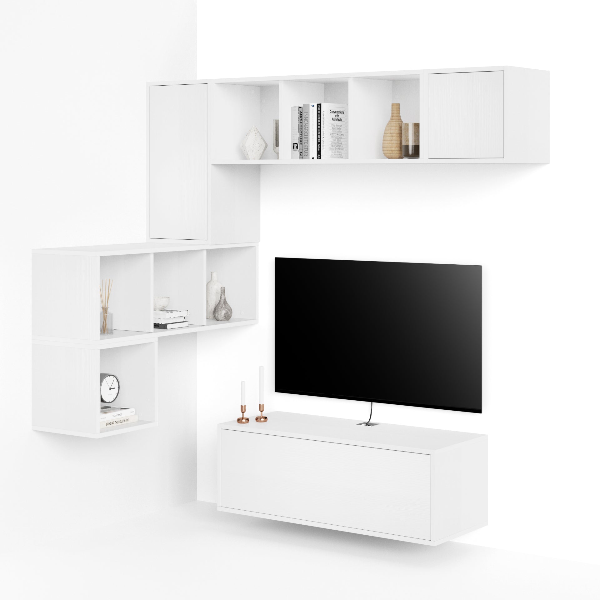 Composición de pared Iacopo para salón 9, color fresno blanco, 280x42x188 cm