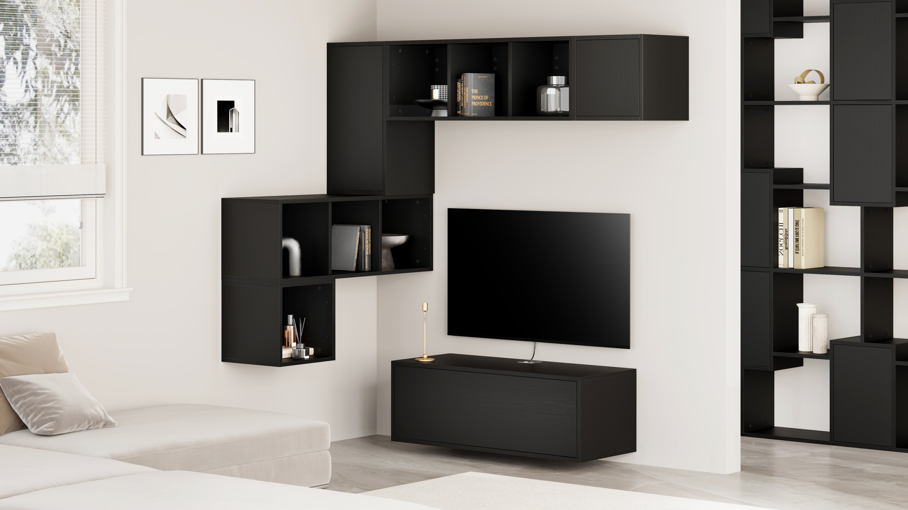 Composición de pared Iacopo para salón 9, color madera negra, 280x42x188 cm - Set image 1