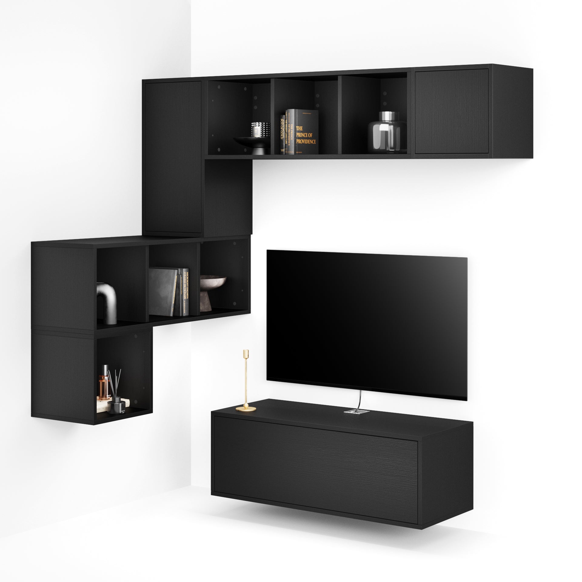 Composición de pared Iacopo para salón 9, color madera negra, 280x42x188 cm