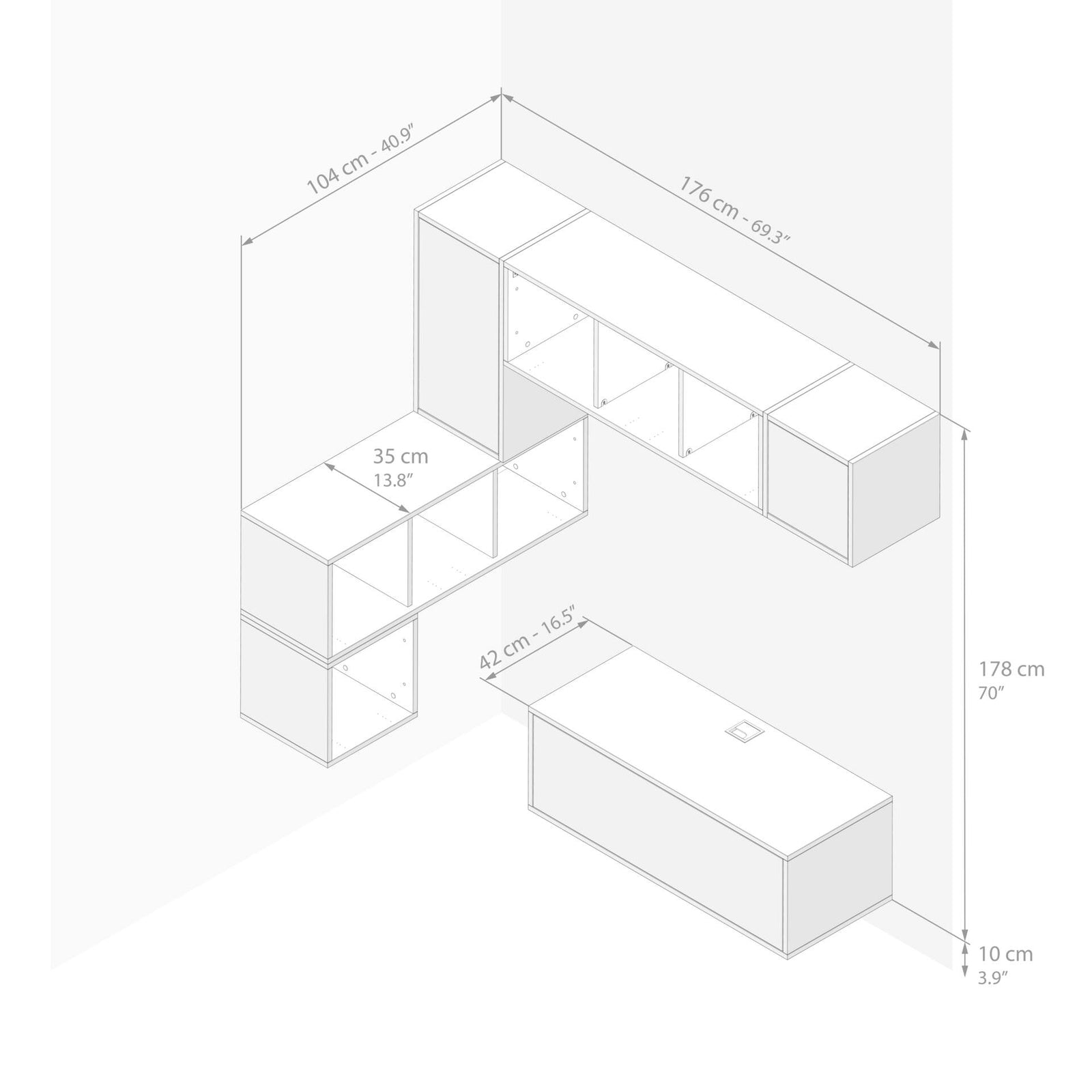 Composición de pared Iacopo para salón 9, color madera negra, 280x42x188 cm - Immagine tecnica 1