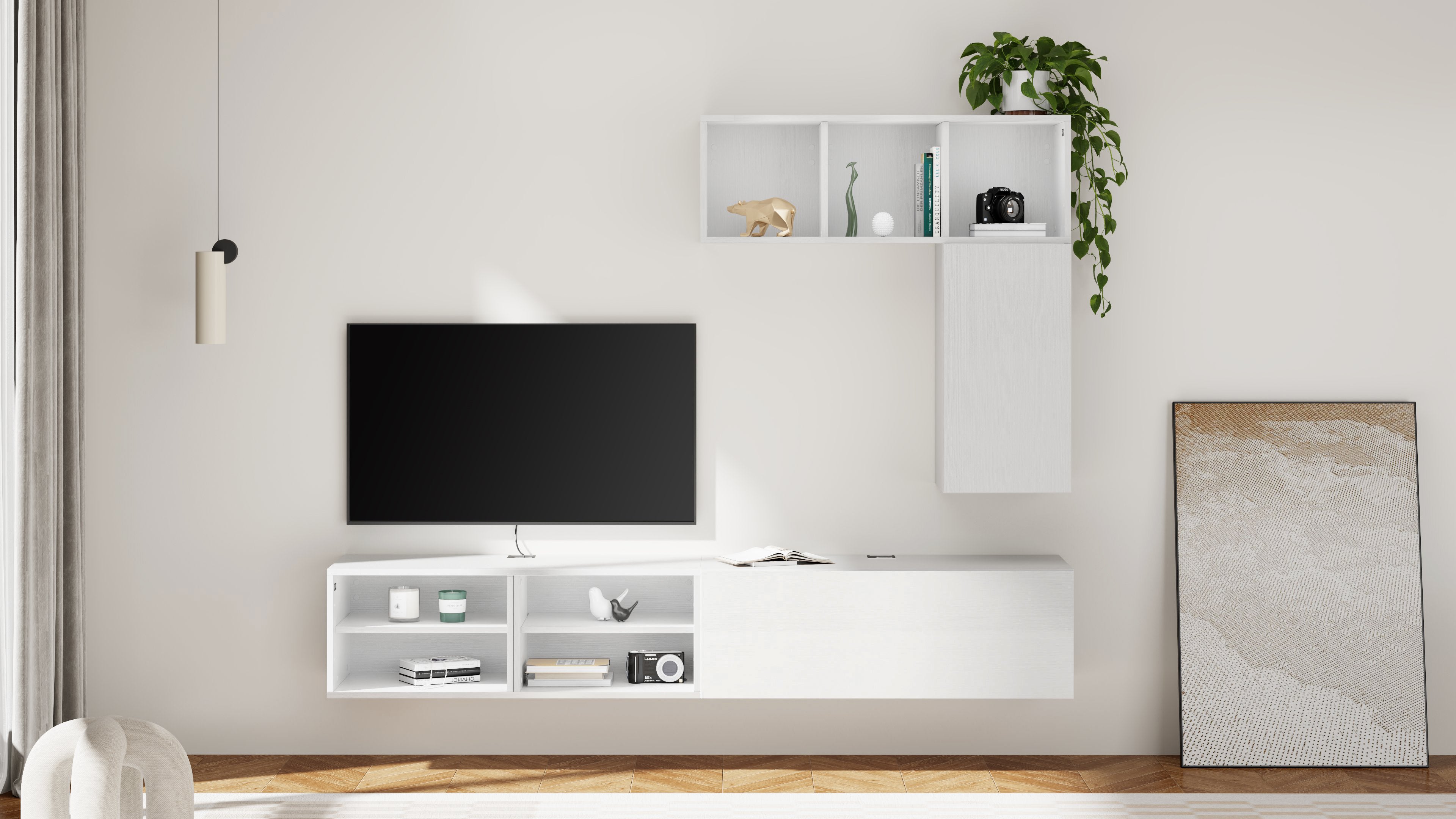Porta Tv sospeso X Senza Anta, Bianco Frassino - Immagine ambientata 1