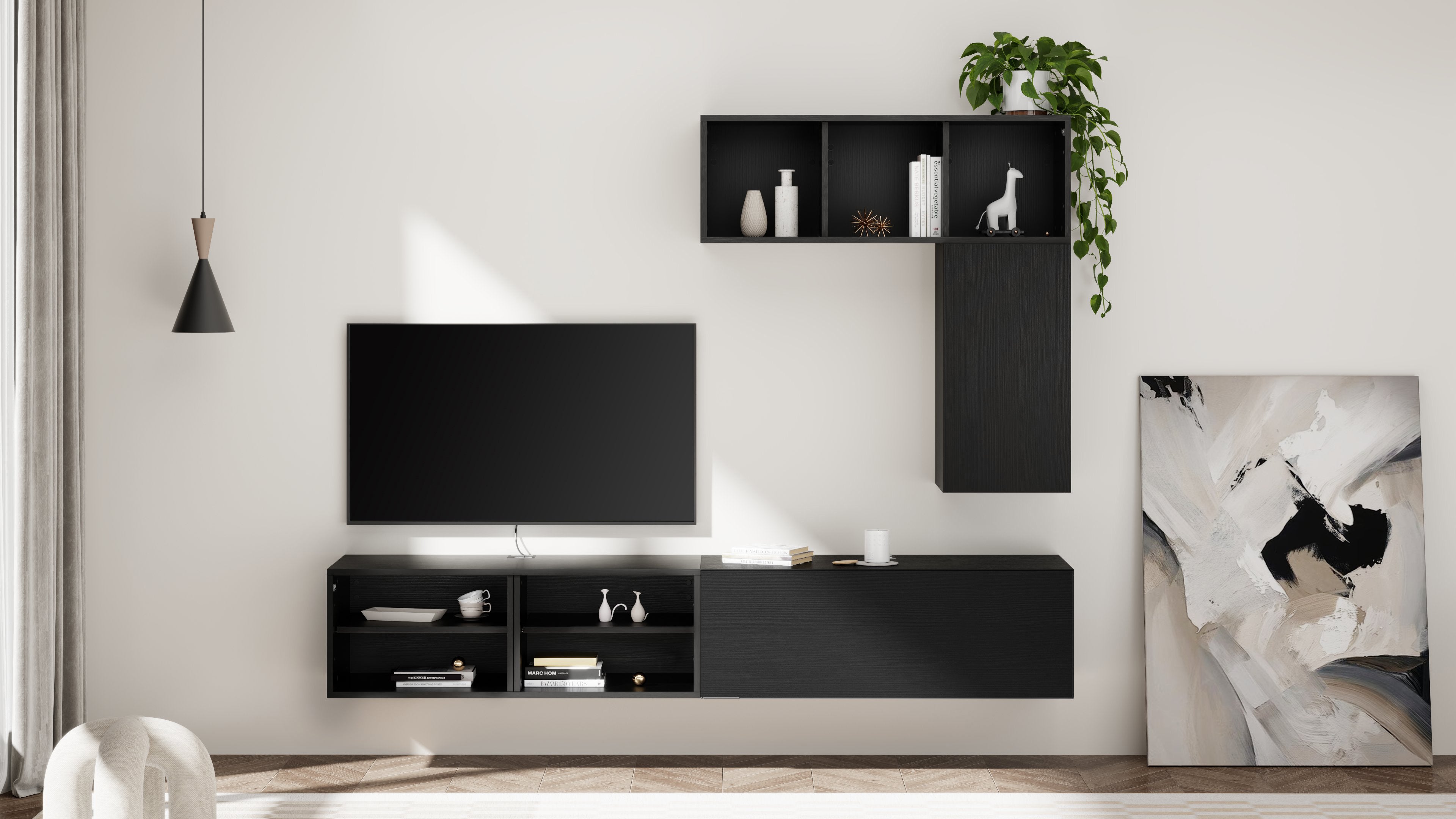 Porta Tv sospeso X Senza Anta, Nero Frassino - Immagine ambientata 1