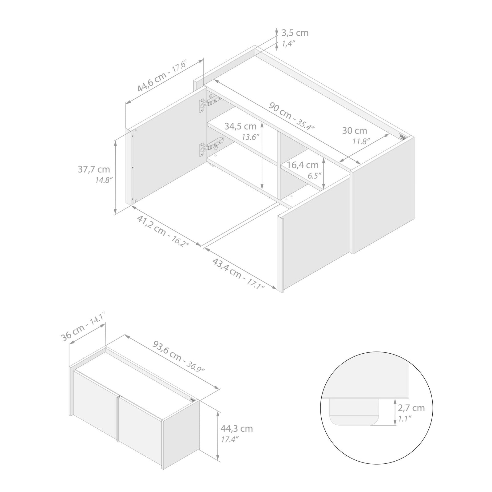 Lowboard Romina (93,6x36x44 cm), 2 Türen, Rustikale Eiche - Immagine tecnica 1